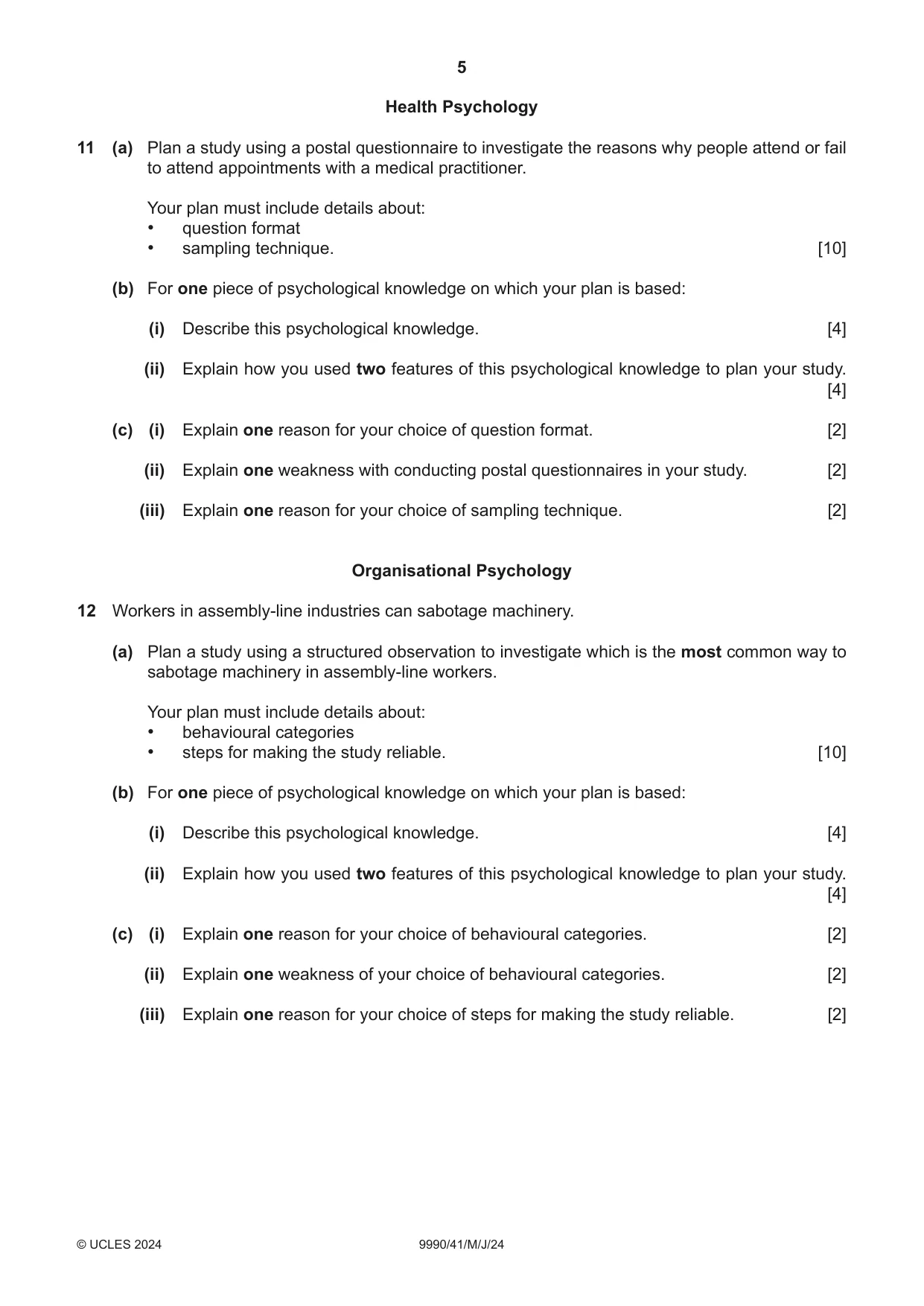Cambridge A Level Psychology (from 2018) 9990 2024 May/June Paper 4 · Variant 1 question paper, page 5 of 8
