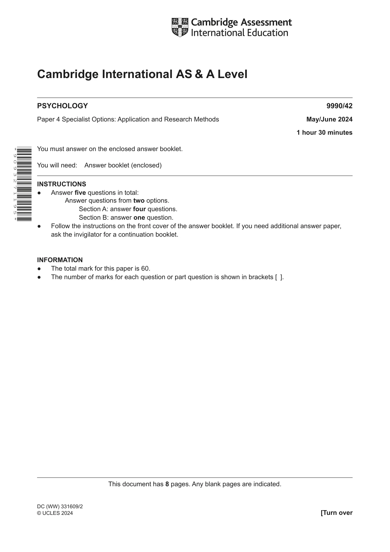 Cambridge A Level Psychology (from 2018) 9990 2024 May/June Paper 4 · Variant 2 question paper, page 1 of 8