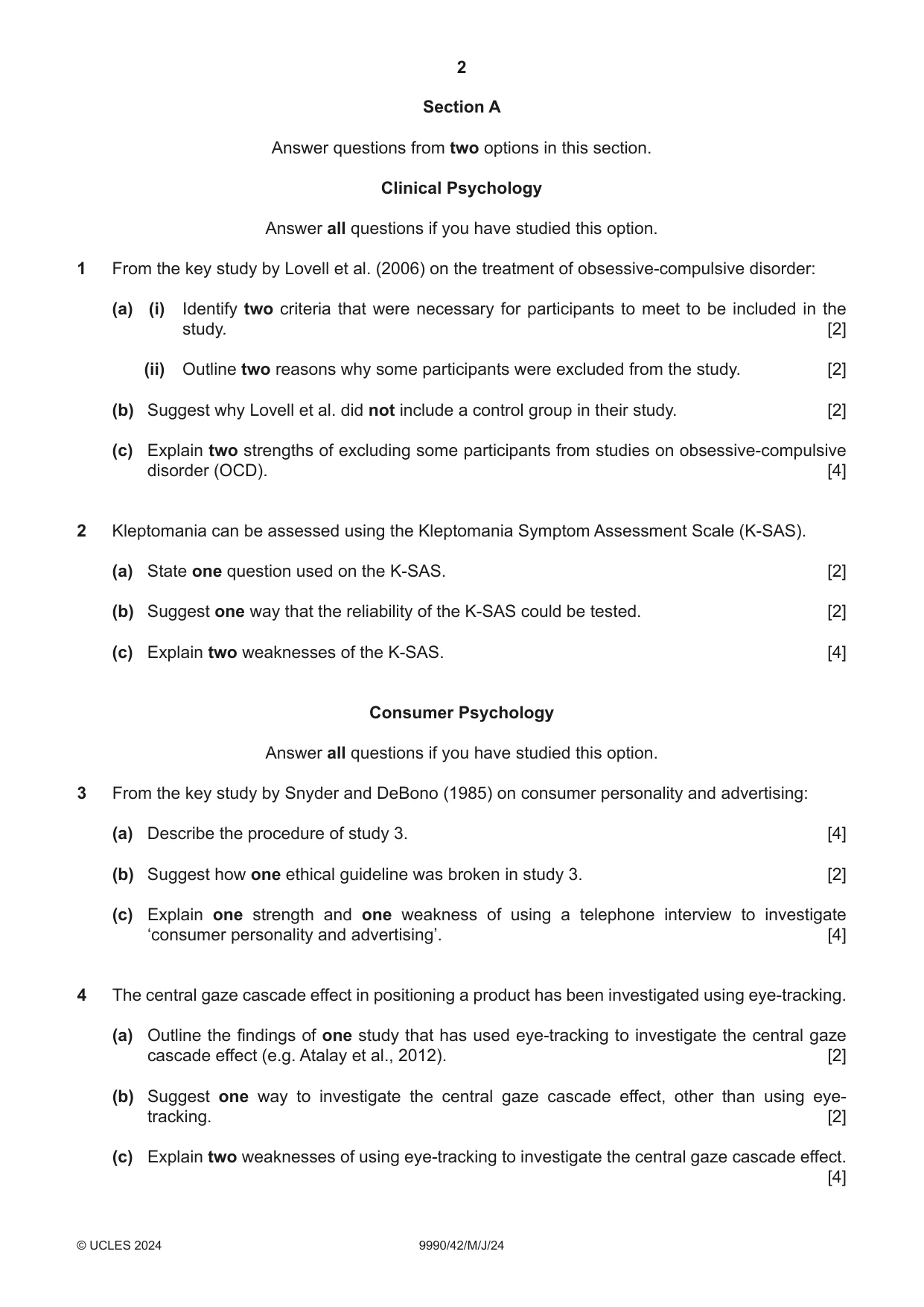 Cambridge A Level Psychology (from 2018) 9990 2024 May/June Paper 4 · Variant 2 question paper, page 2 of 8
