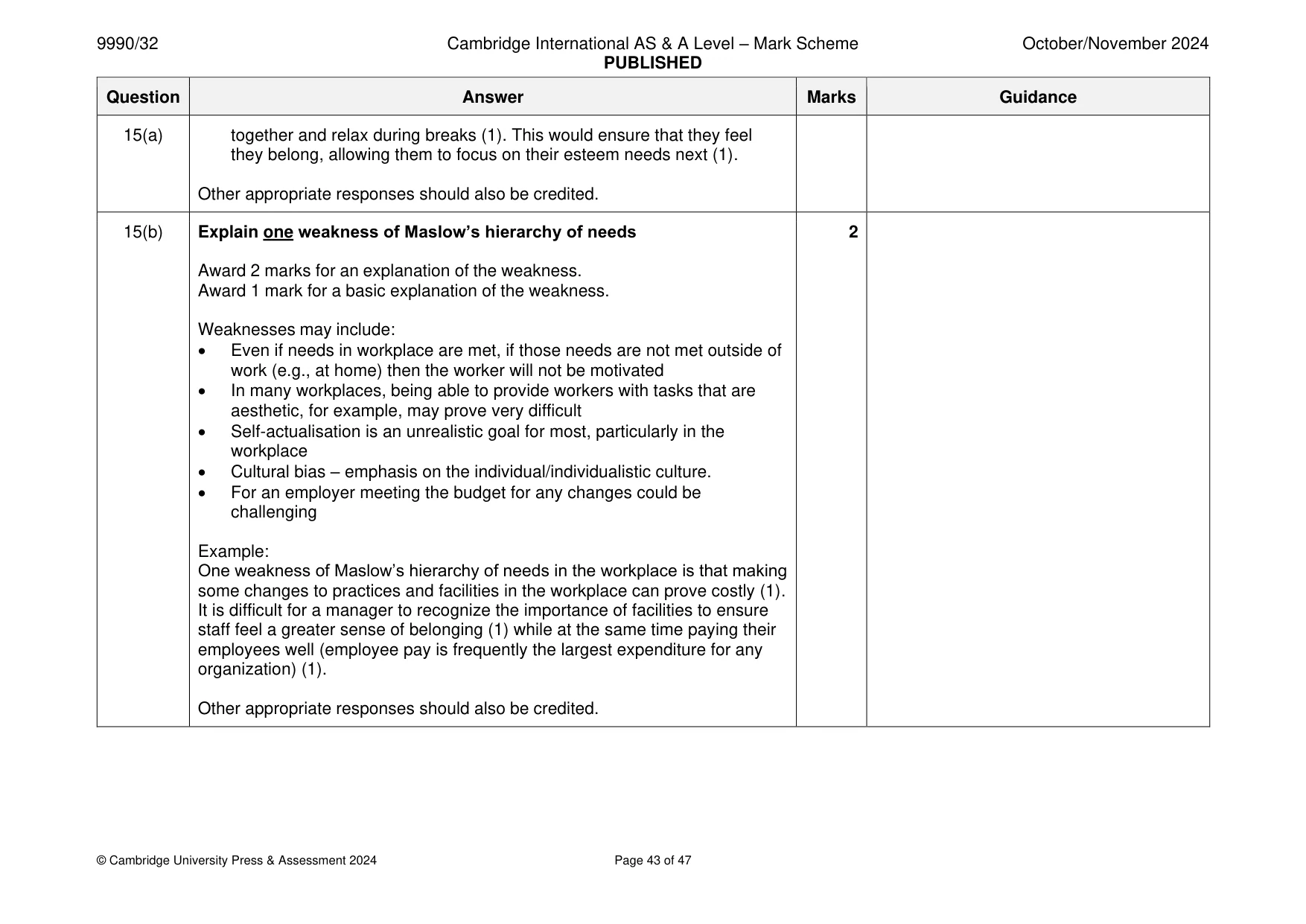 Mark scheme, page 43 of 47