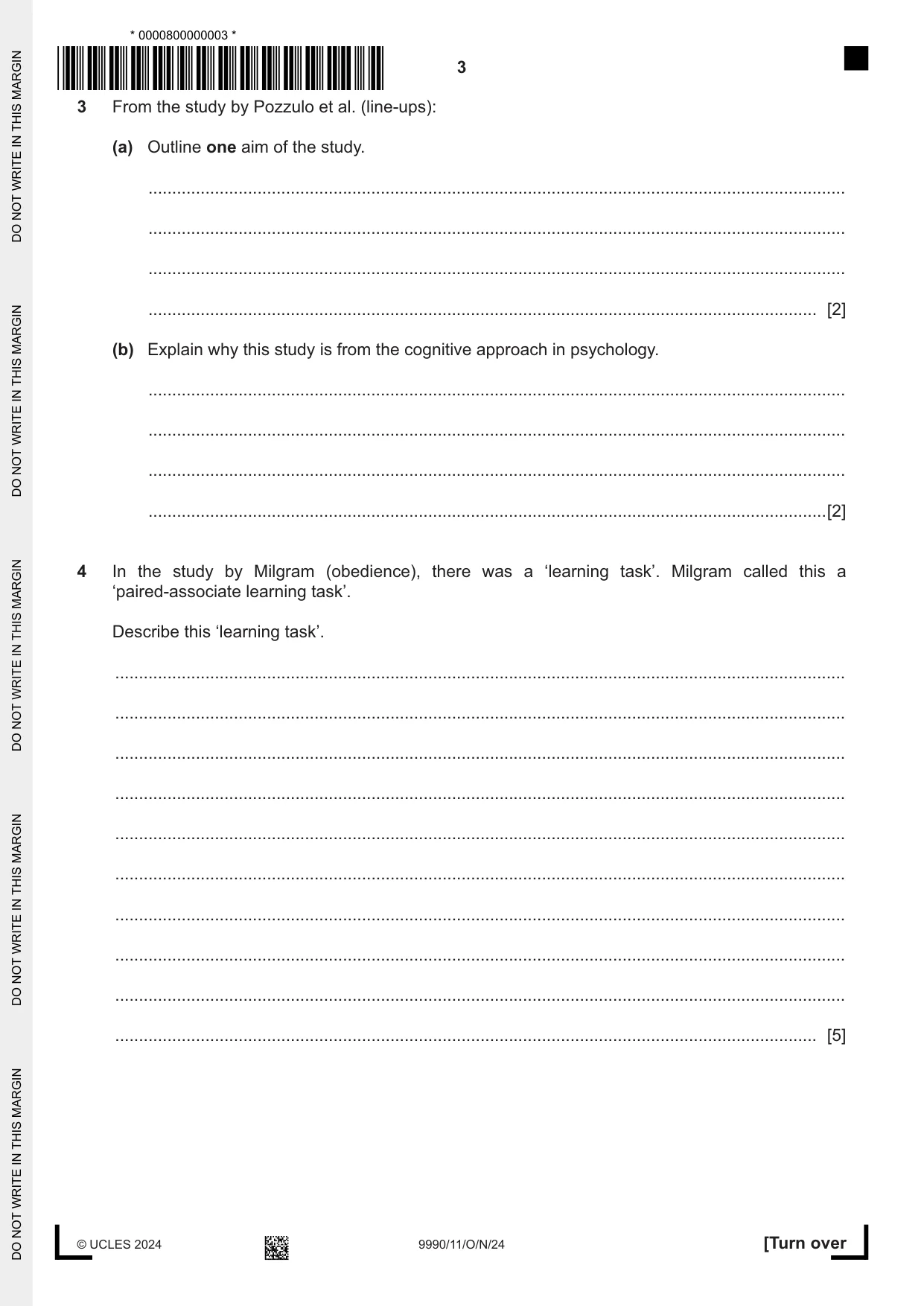 Cambridge A Level Psychology (from 2018) 9990 2024 Oct/Nov Paper 1 · Variant 1 question paper, page 3 of 12