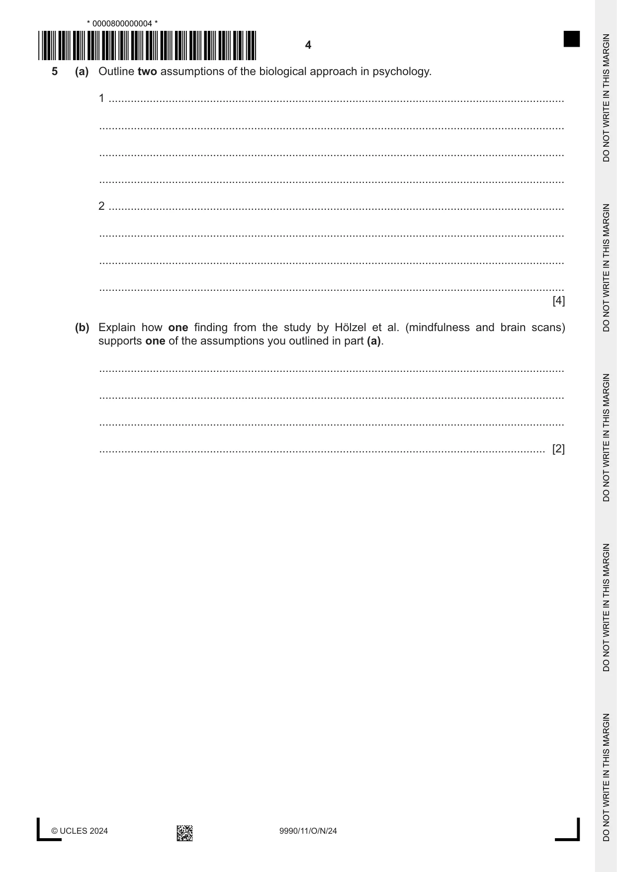 Cambridge A Level Psychology (from 2018) 9990 2024 Oct/Nov Paper 1 · Variant 1 question paper, page 4 of 12