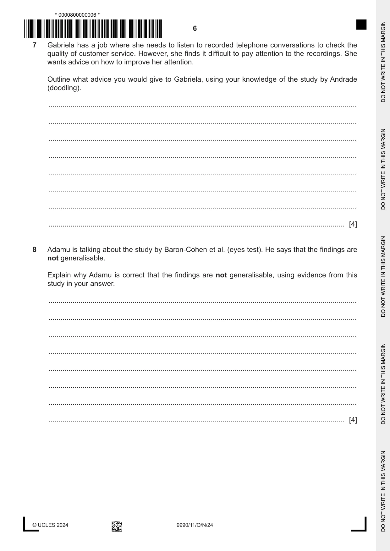Cambridge A Level Psychology (from 2018) 9990 2024 Oct/Nov Paper 1 · Variant 1 question paper, page 6 of 12