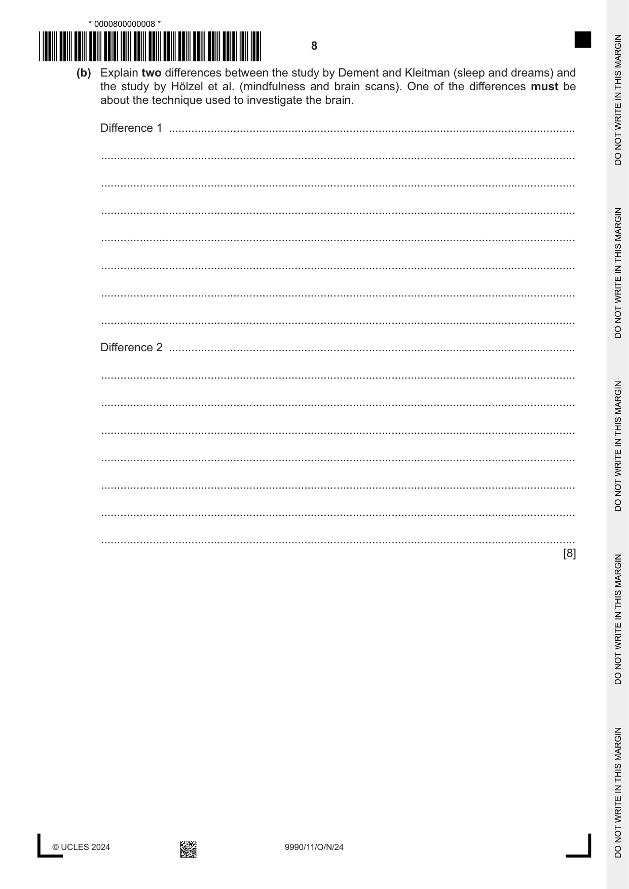 Cambridge A Level Psychology (from 2018) 9990 2024 Oct/Nov Paper 1 · Variant 1 question paper, page 8 of 12