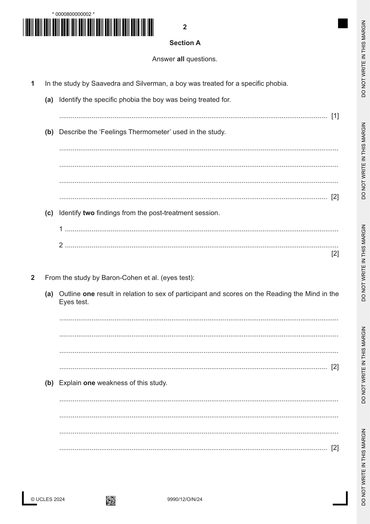 Cambridge A Level Psychology (from 2018) 9990 2024 Oct/Nov Paper 1 · Variant 2 question paper, page 2 of 12
