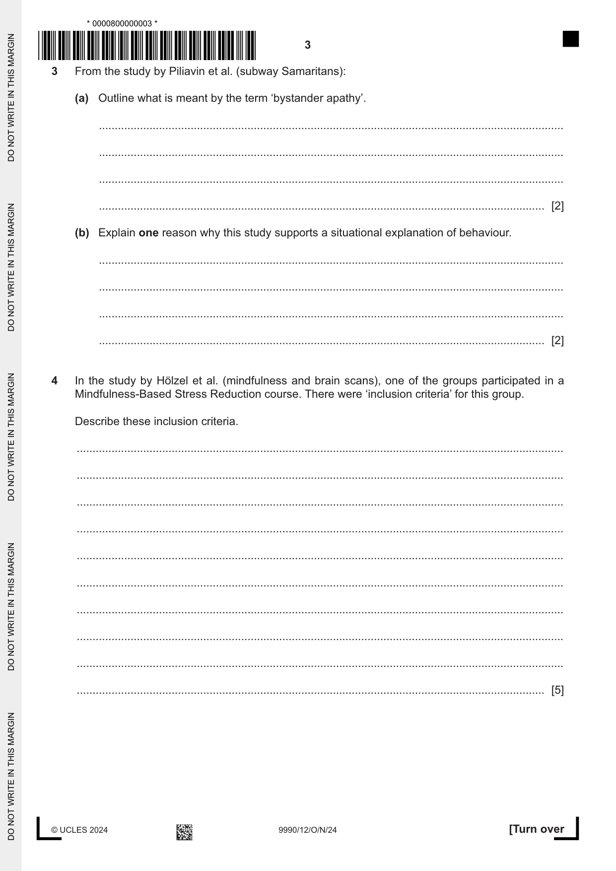 Cambridge A Level Psychology (from 2018) 9990 2024 Oct/Nov Paper 1 · Variant 2 question paper, page 3 of 12