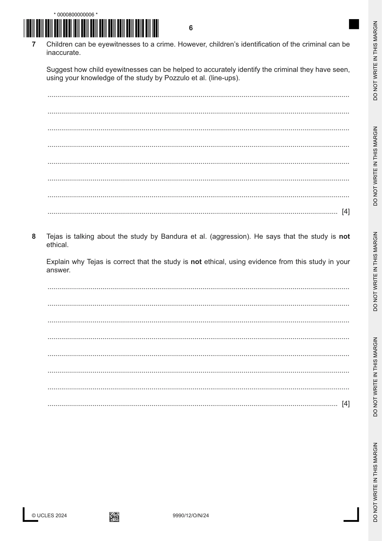 Cambridge A Level Psychology (from 2018) 9990 2024 Oct/Nov Paper 1 · Variant 2 question paper, page 6 of 12