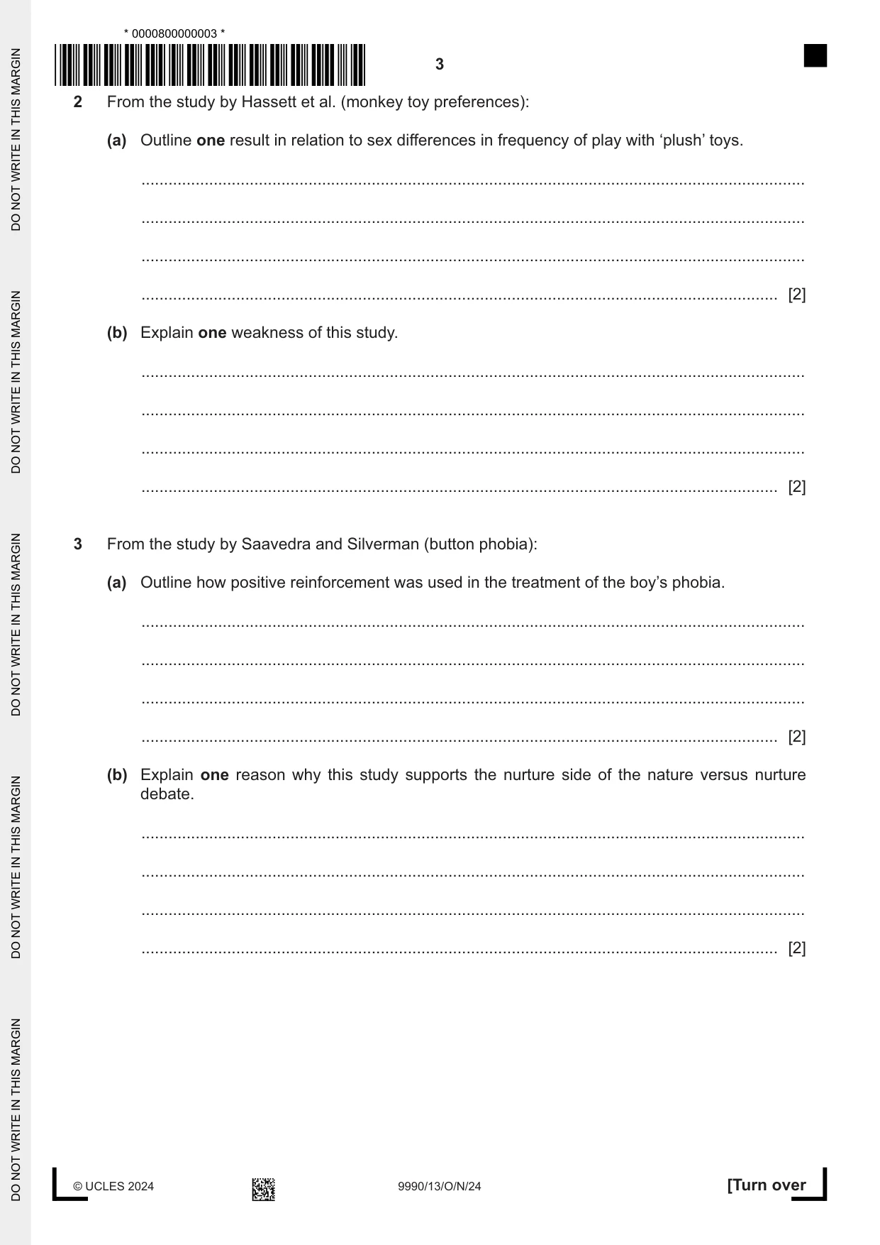 Cambridge A Level Psychology (from 2018) 9990 2024 Oct/Nov Paper 1 · Variant 3 question paper, page 3 of 12