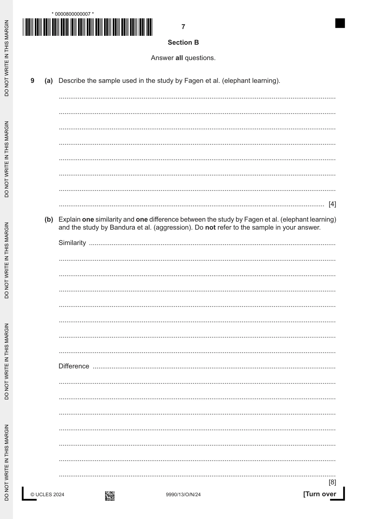 Cambridge A Level Psychology (from 2018) 9990 2024 Oct/Nov Paper 1 · Variant 3 question paper, page 7 of 12