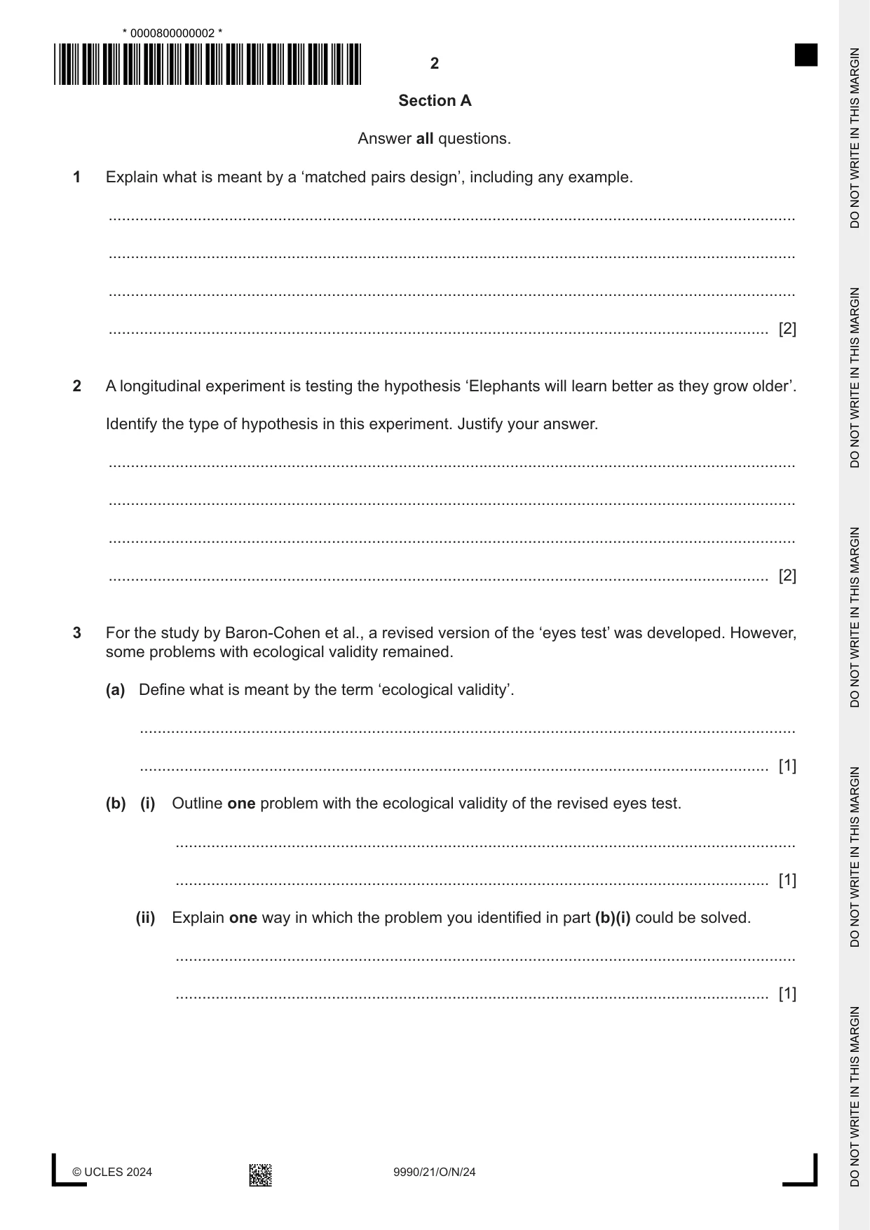 Cambridge A Level Psychology (from 2018) 9990 2024 Oct/Nov Paper 2 · Variant 1 question paper, page 2 of 12