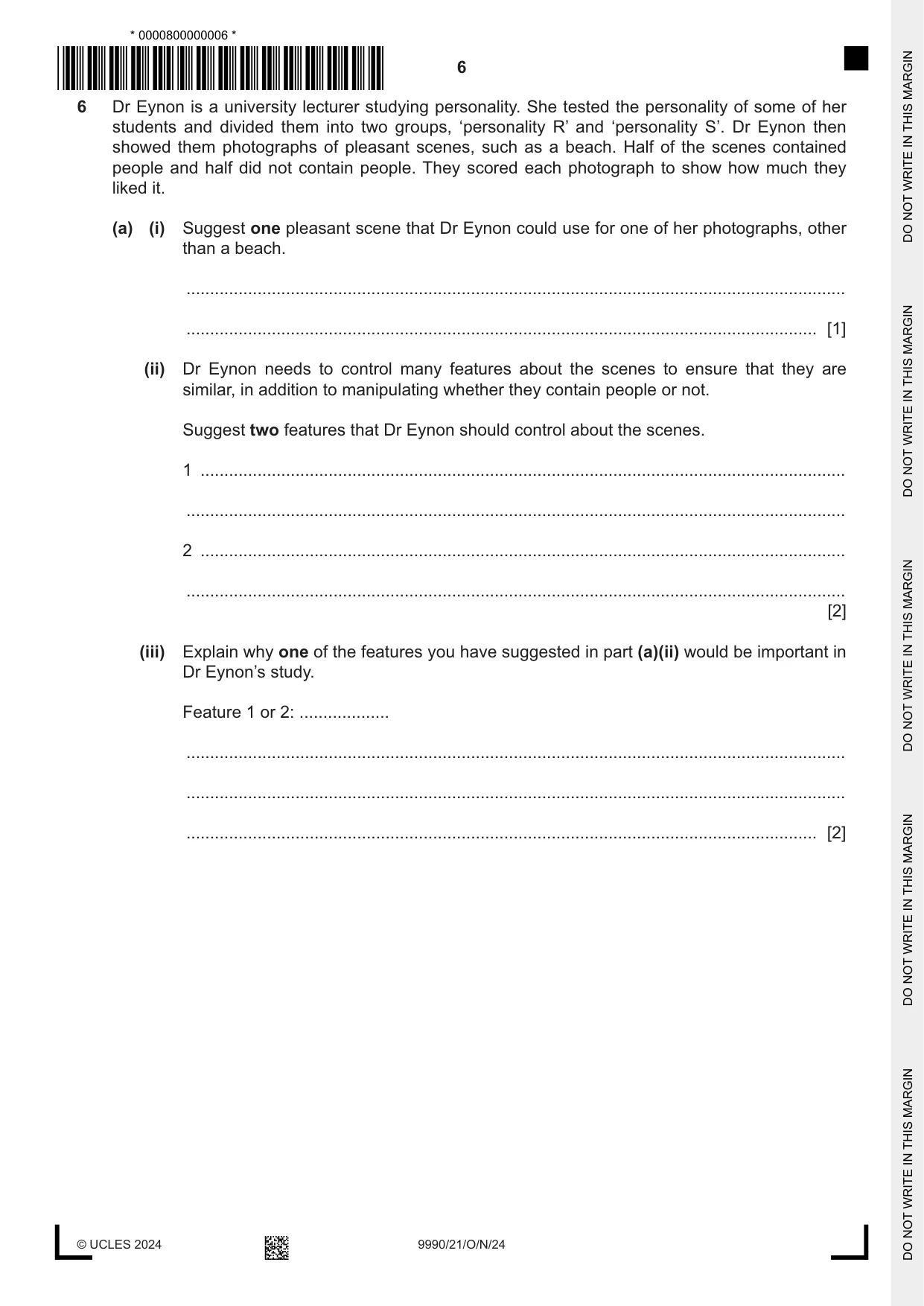 Cambridge A Level Psychology (from 2018) 9990 2024 Oct/Nov Paper 2 · Variant 1 question paper, page 6 of 12