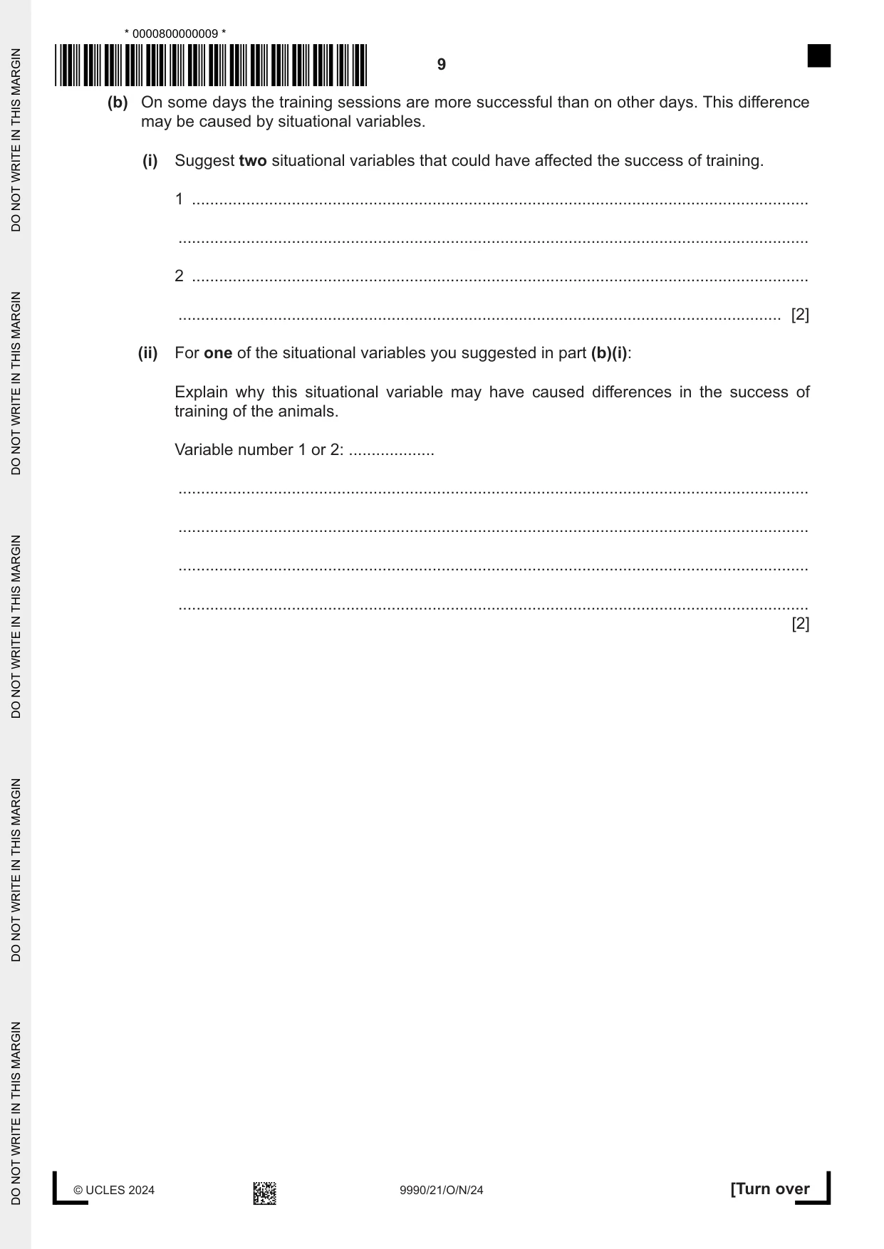 Cambridge A Level Psychology (from 2018) 9990 2024 Oct/Nov Paper 2 · Variant 1 question paper, page 9 of 12