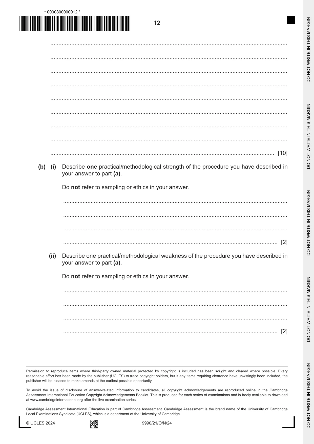 Cambridge A Level Psychology (from 2018) 9990 2024 Oct/Nov Paper 2 · Variant 1 question paper, page 12 of 12