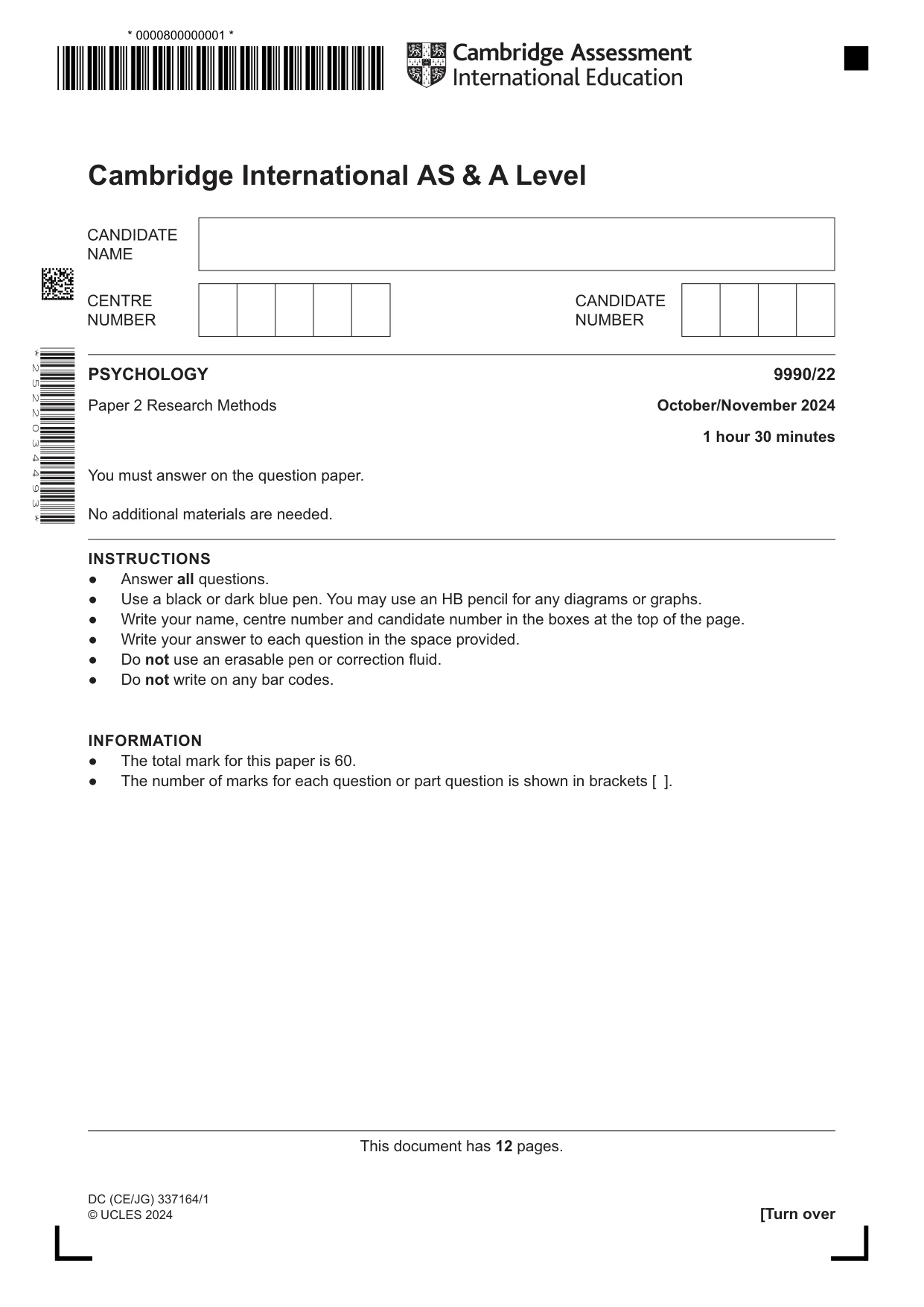 Cambridge A Level Psychology (from 2018) 9990 2024 Oct/Nov Paper 2 · Variant 2 question paper, page 1 of 12