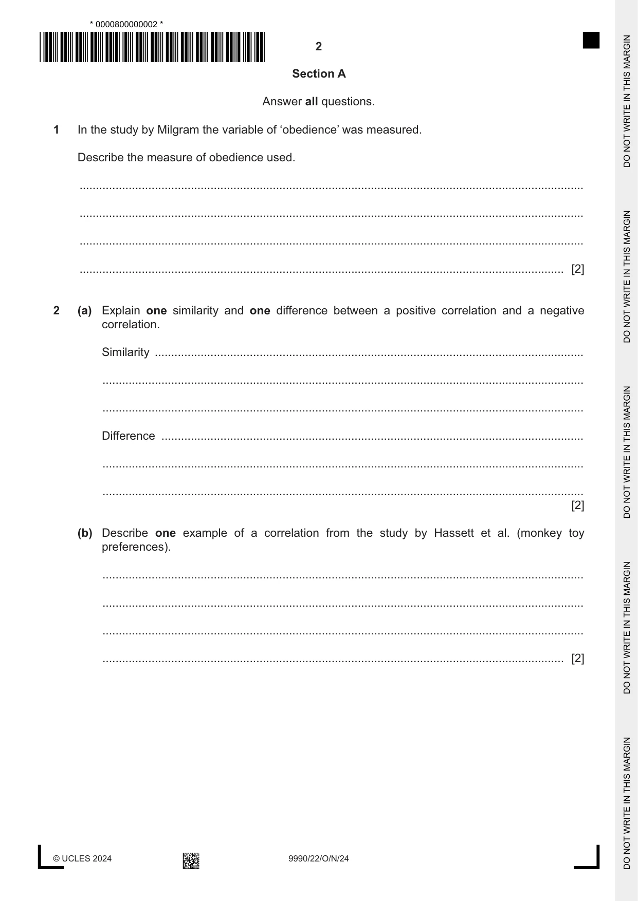 Cambridge A Level Psychology (from 2018) 9990 2024 Oct/Nov Paper 2 · Variant 2 question paper, page 2 of 12
