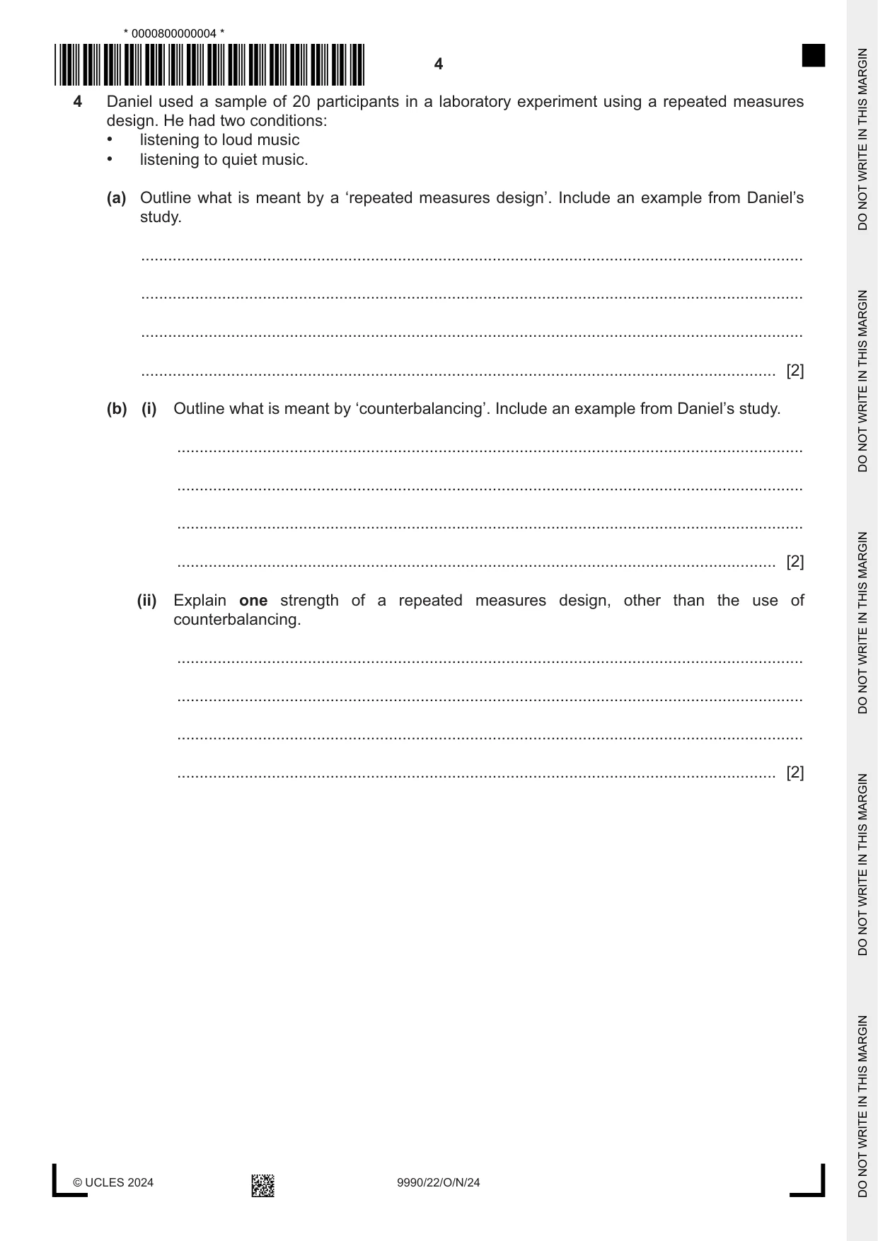 Cambridge A Level Psychology (from 2018) 9990 2024 Oct/Nov Paper 2 · Variant 2 question paper, page 4 of 12
