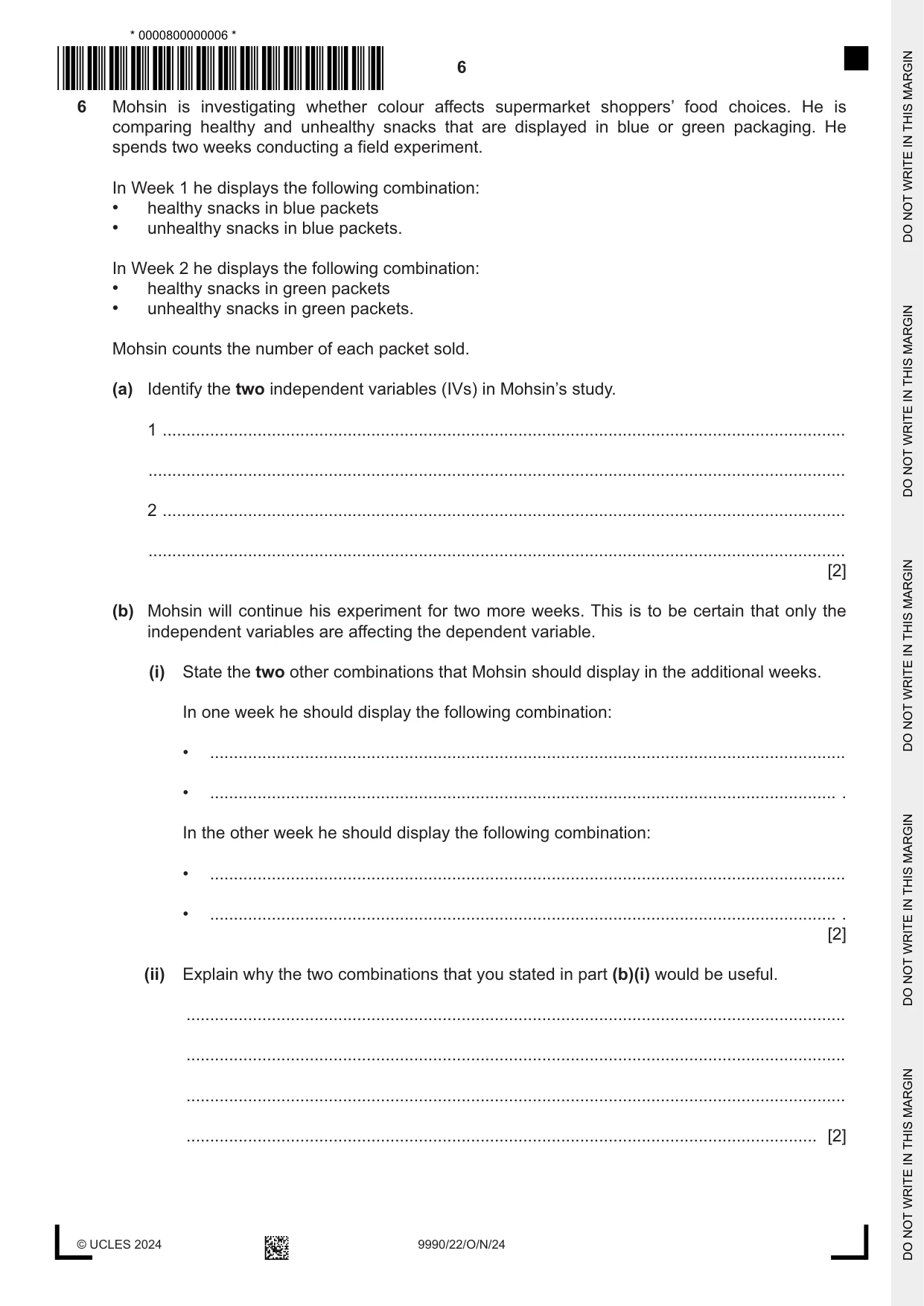 Cambridge A Level Psychology (from 2018) 9990 2024 Oct/Nov Paper 2 · Variant 2 question paper, page 6 of 12