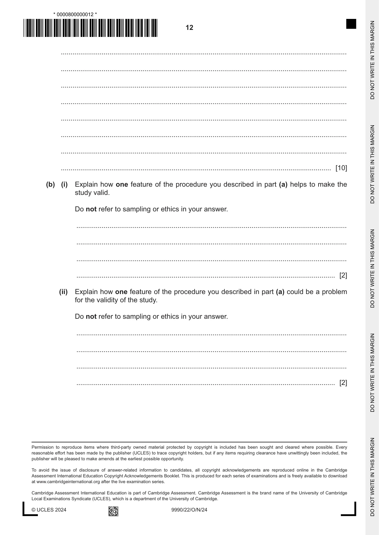 Cambridge A Level Psychology (from 2018) 9990 2024 Oct/Nov Paper 2 · Variant 2 question paper, page 12 of 12