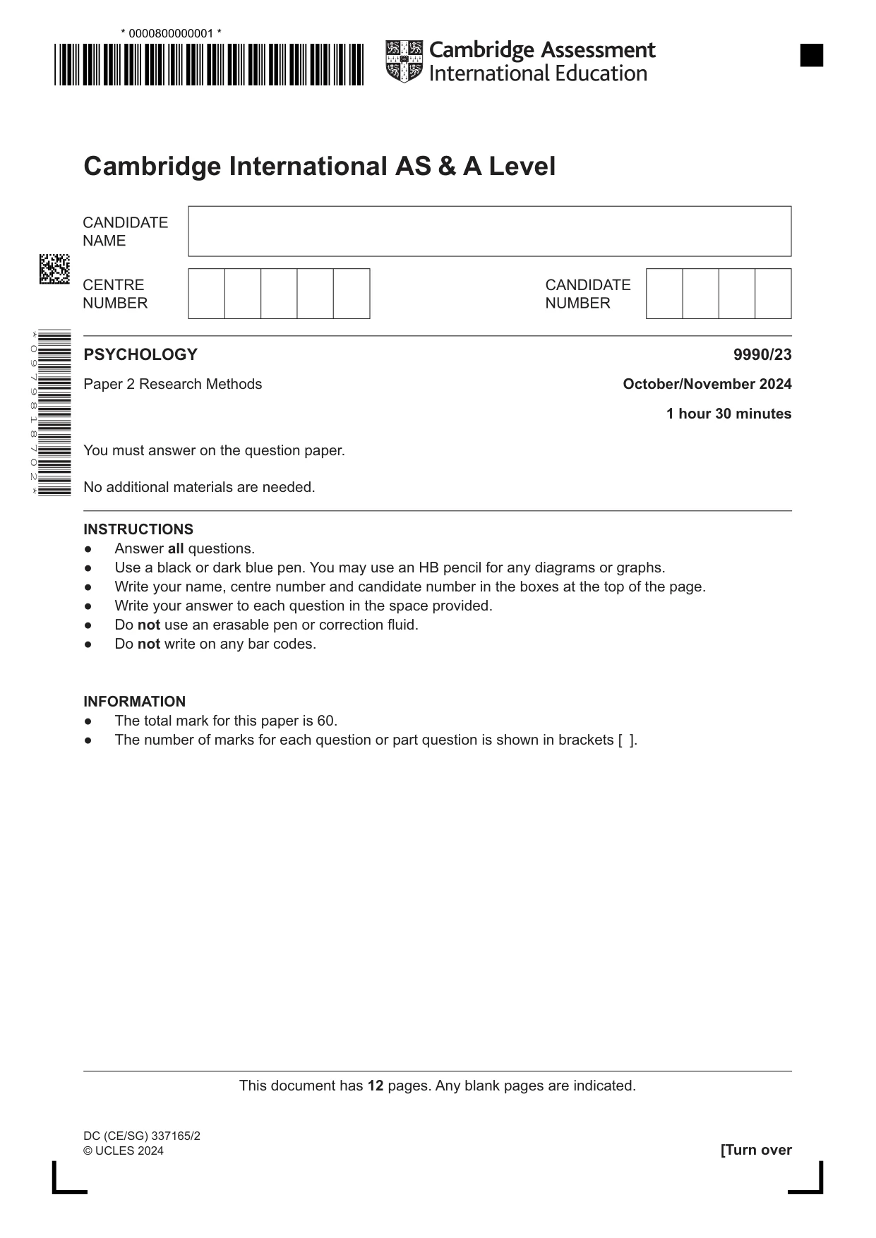 Cambridge A Level Psychology (from 2018) 9990 2024 Oct/Nov Paper 2 · Variant 3 question paper, page 1 of 12