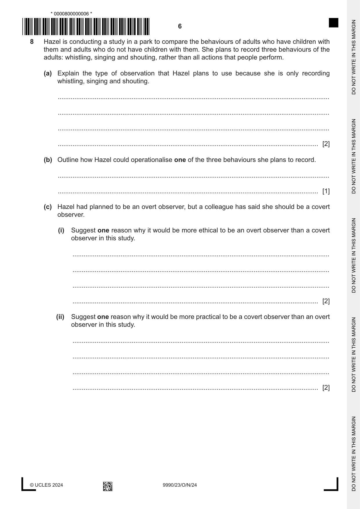 Cambridge A Level Psychology (from 2018) 9990 2024 Oct/Nov Paper 2 · Variant 3 question paper, page 6 of 12