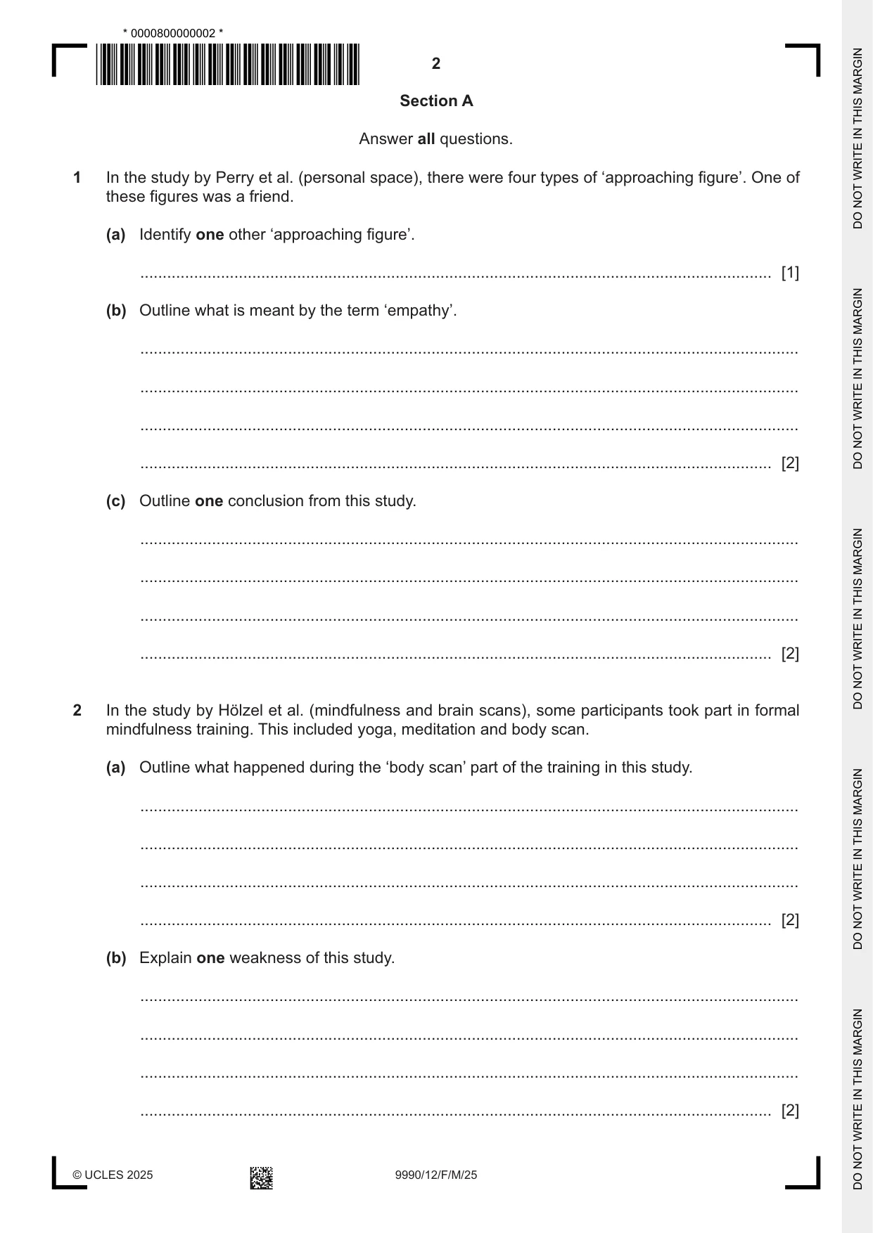 Cambridge A Level Psychology (from 2018) 9990 2025 Feb/March Paper 1 · Variant 2 question paper, page 2 of 12