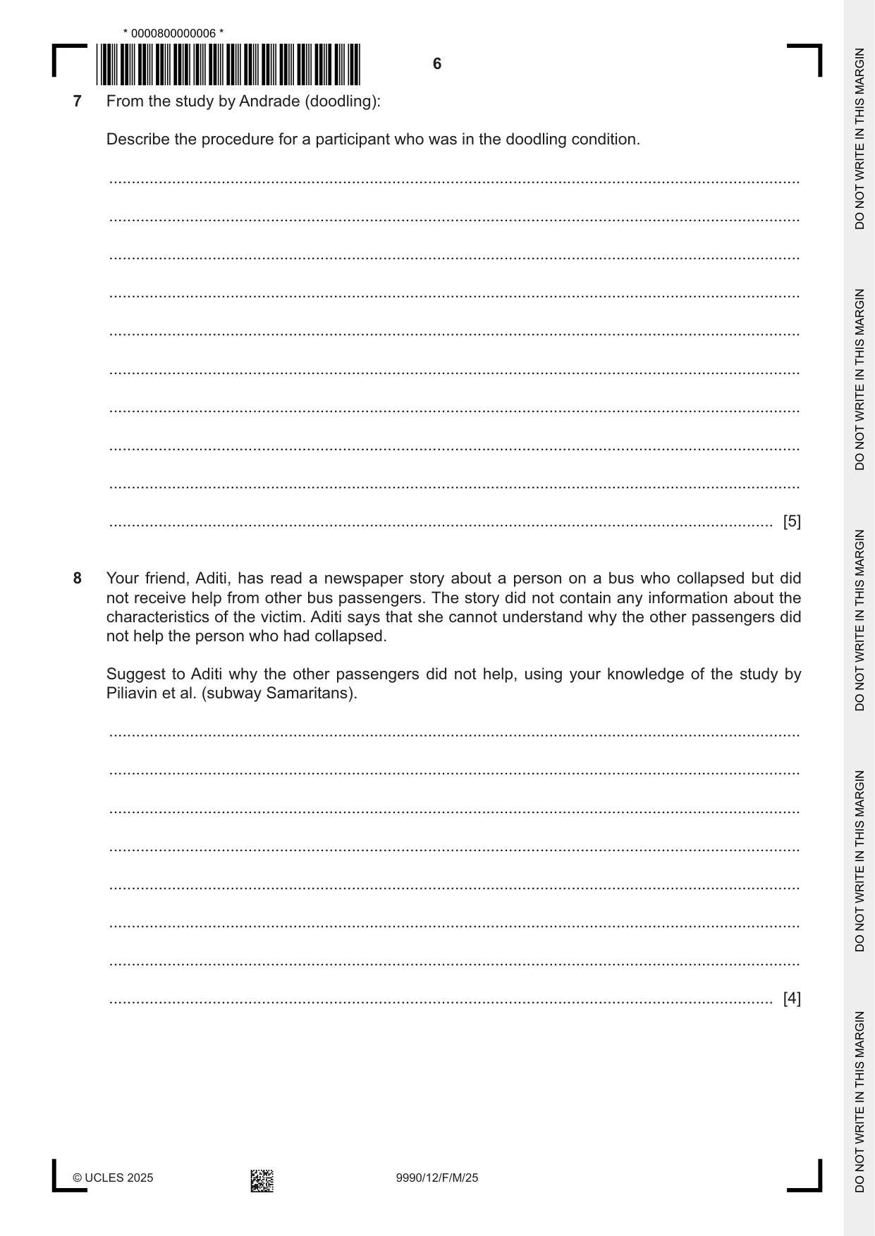 Cambridge A Level Psychology (from 2018) 9990 2025 Feb/March Paper 1 · Variant 2 question paper, page 6 of 12