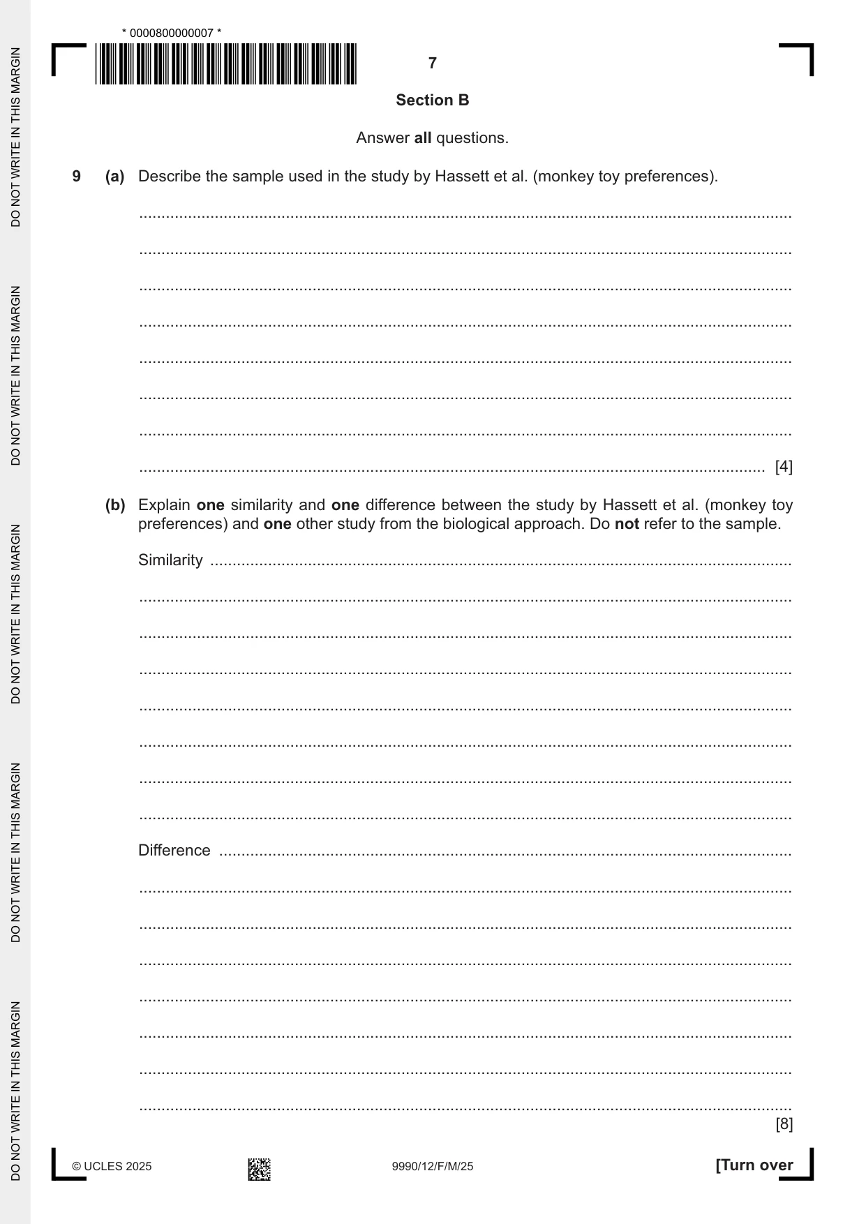 Cambridge A Level Psychology (from 2018) 9990 2025 Feb/March Paper 1 · Variant 2 question paper, page 7 of 12