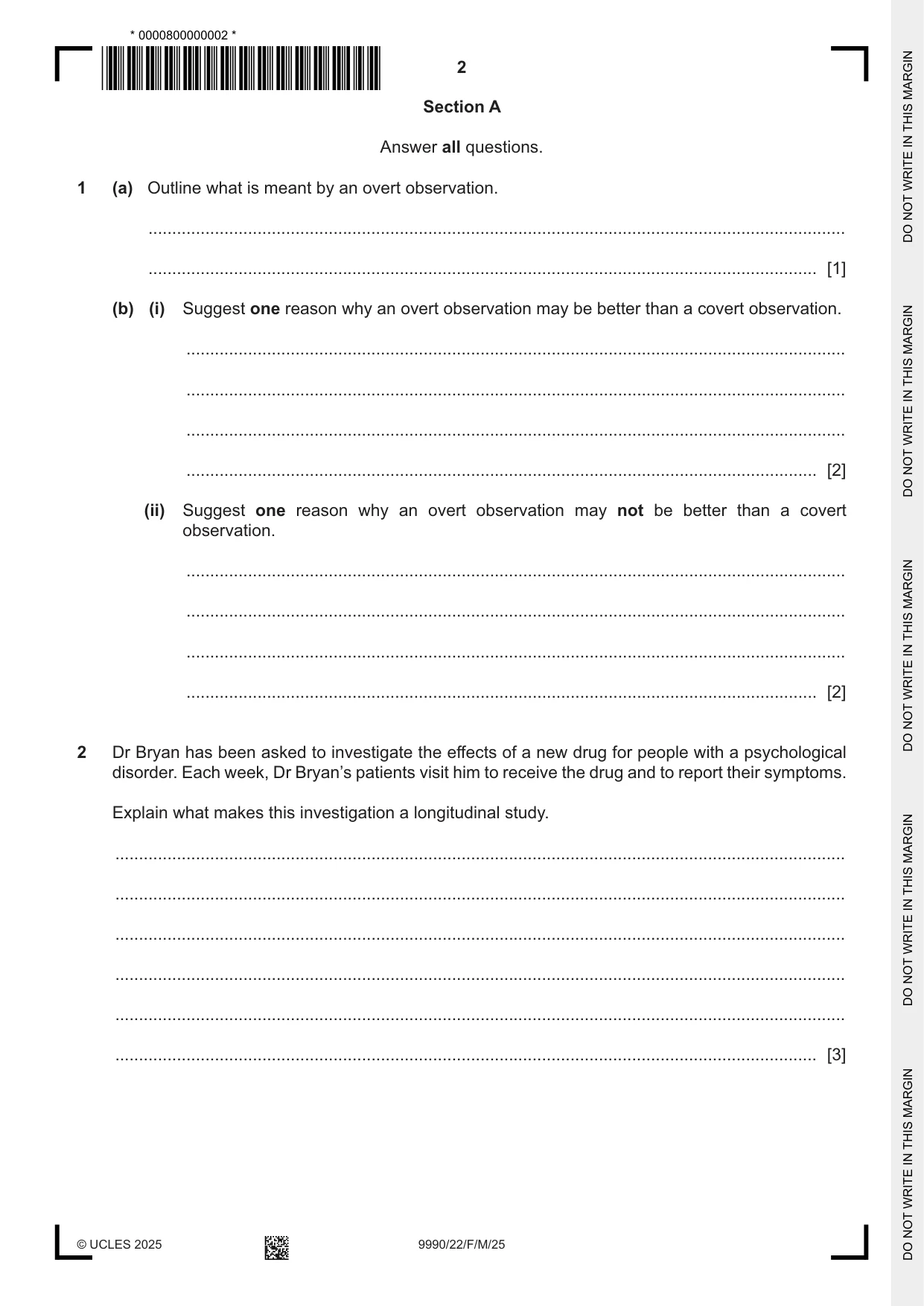 Cambridge A Level Psychology (from 2018) 9990 2025 Feb/March Paper 2 · Variant 2 question paper, page 2 of 12