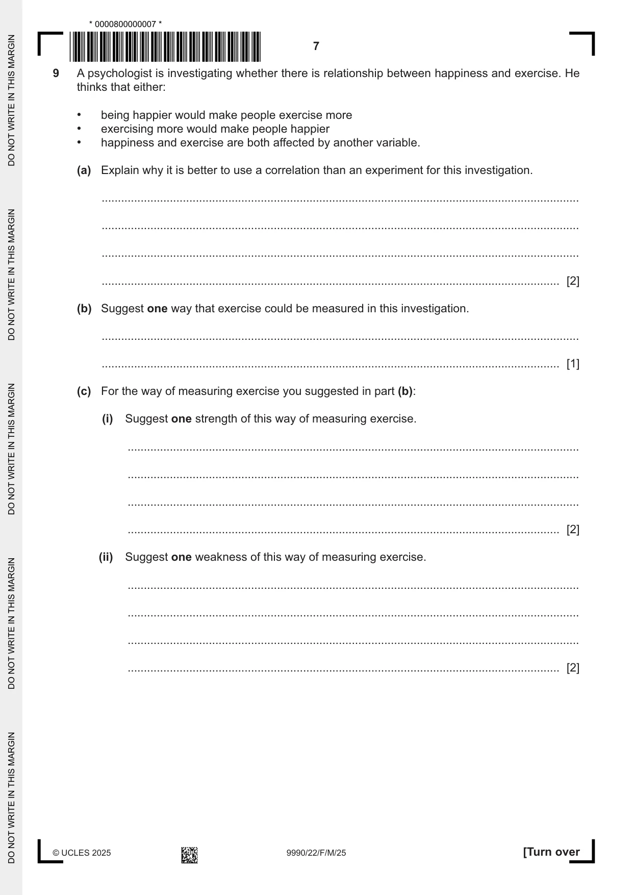 Cambridge A Level Psychology (from 2018) 9990 2025 Feb/March Paper 2 · Variant 2 question paper, page 7 of 12
