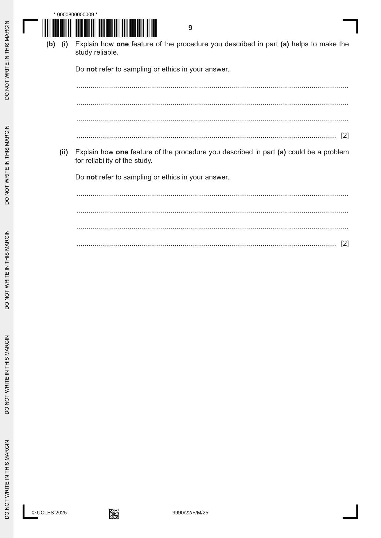 Cambridge A Level Psychology (from 2018) 9990 2025 Feb/March Paper 2 · Variant 2 question paper, page 9 of 12
