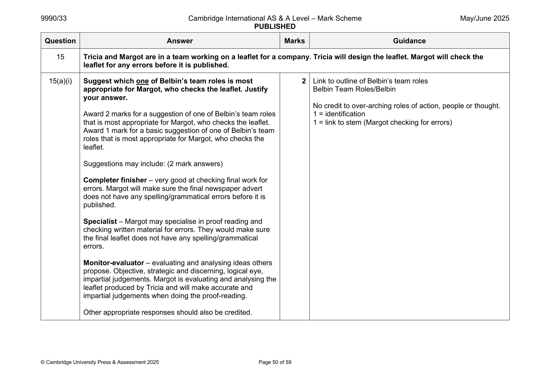 Mark scheme, page 50 of 59