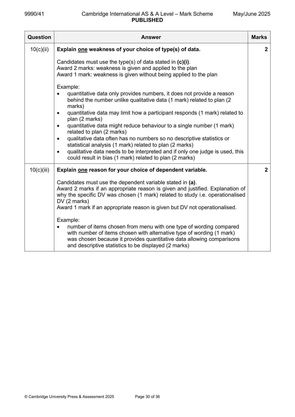 Mark scheme, page 30 of 36