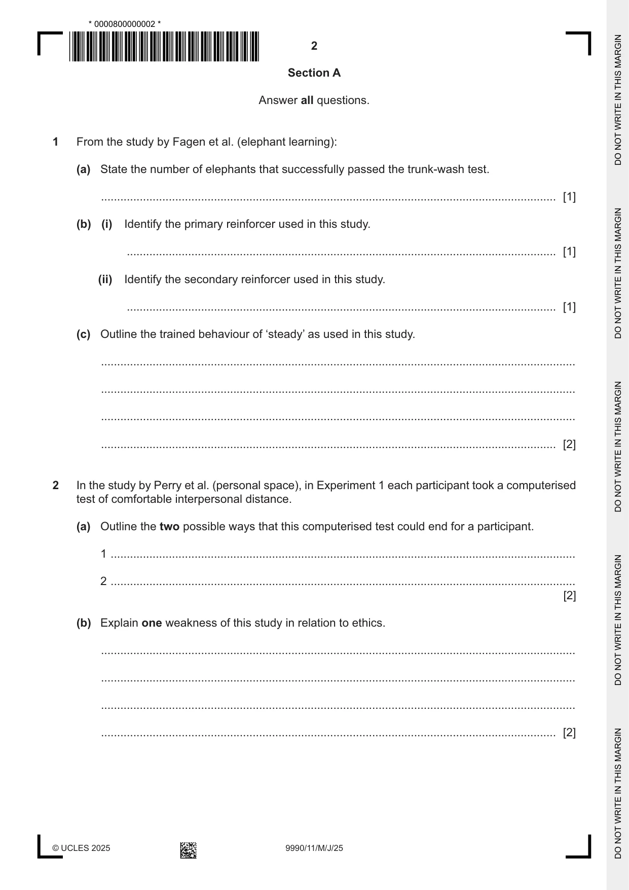 Cambridge A Level Psychology (from 2018) 9990 2025 May/June Paper 1 · Variant 1 question paper, page 2 of 12