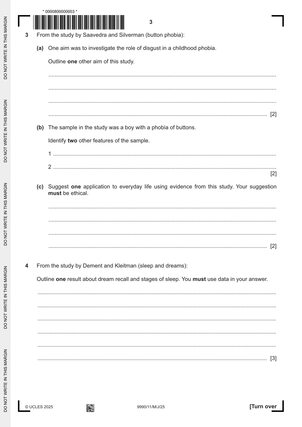 Cambridge A Level Psychology (from 2018) 9990 2025 May/June Paper 1 · Variant 1 question paper, page 3 of 12