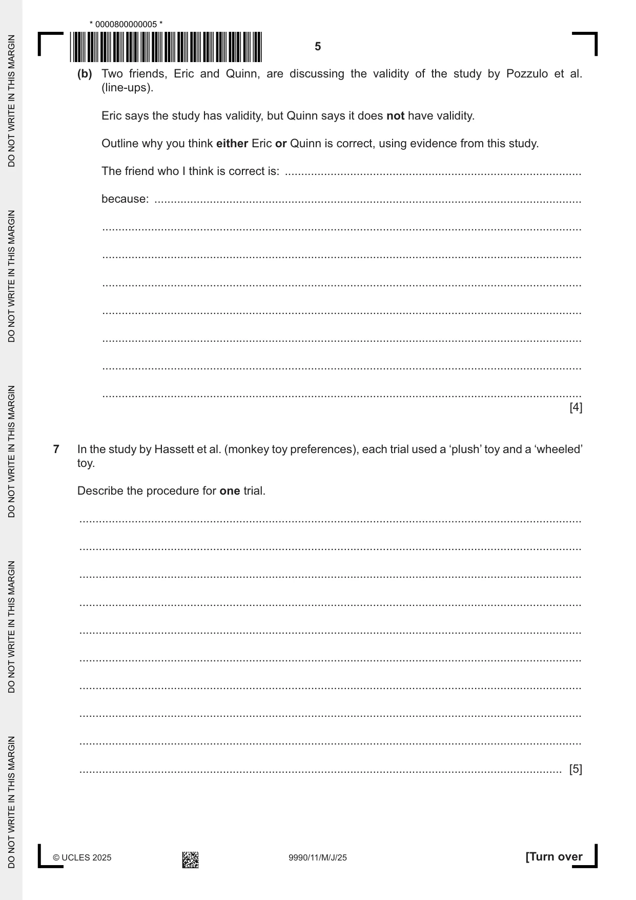 Cambridge A Level Psychology (from 2018) 9990 2025 May/June Paper 1 · Variant 1 question paper, page 5 of 12