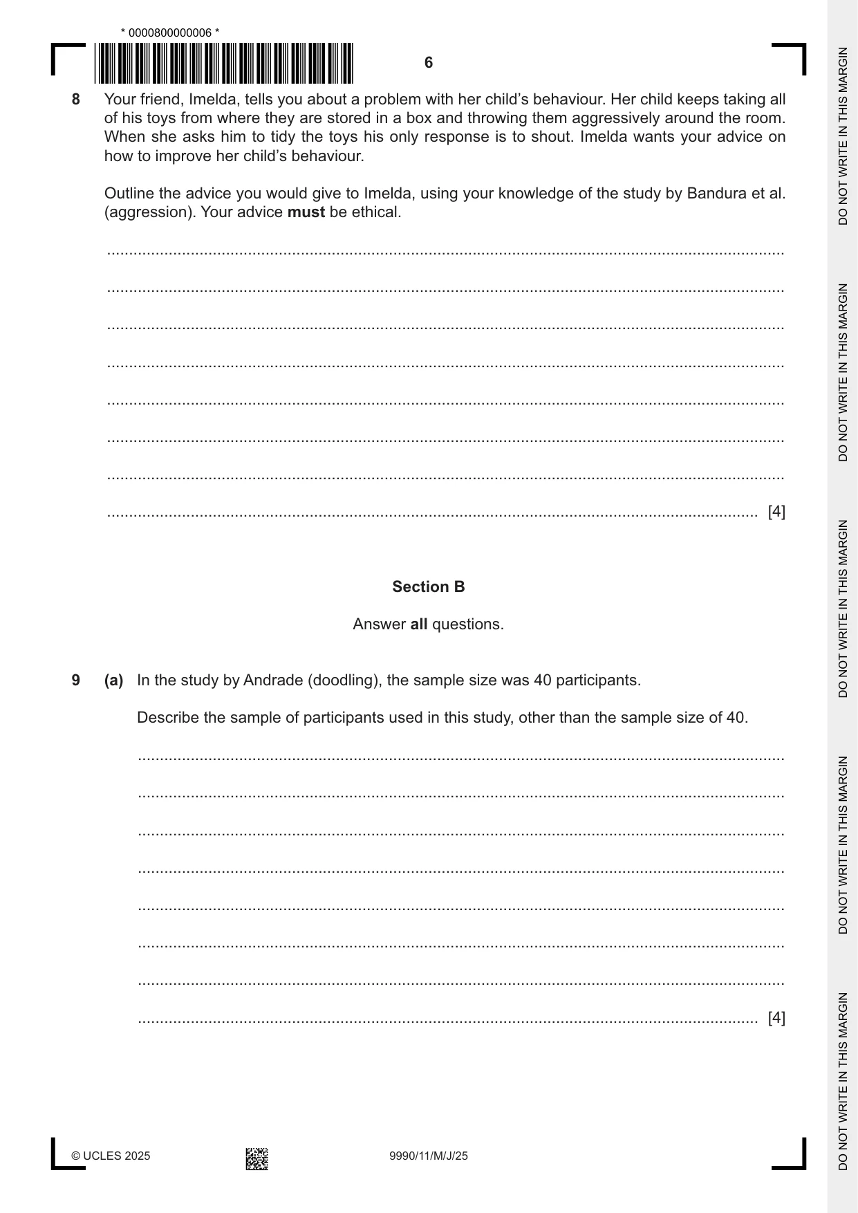 Cambridge A Level Psychology (from 2018) 9990 2025 May/June Paper 1 · Variant 1 question paper, page 6 of 12