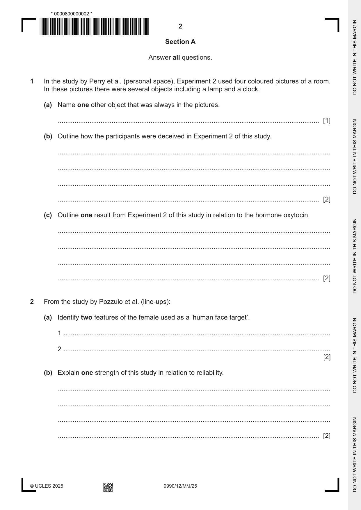 Cambridge A Level Psychology (from 2018) 9990 2025 May/June Paper 1 · Variant 2 question paper, page 2 of 12