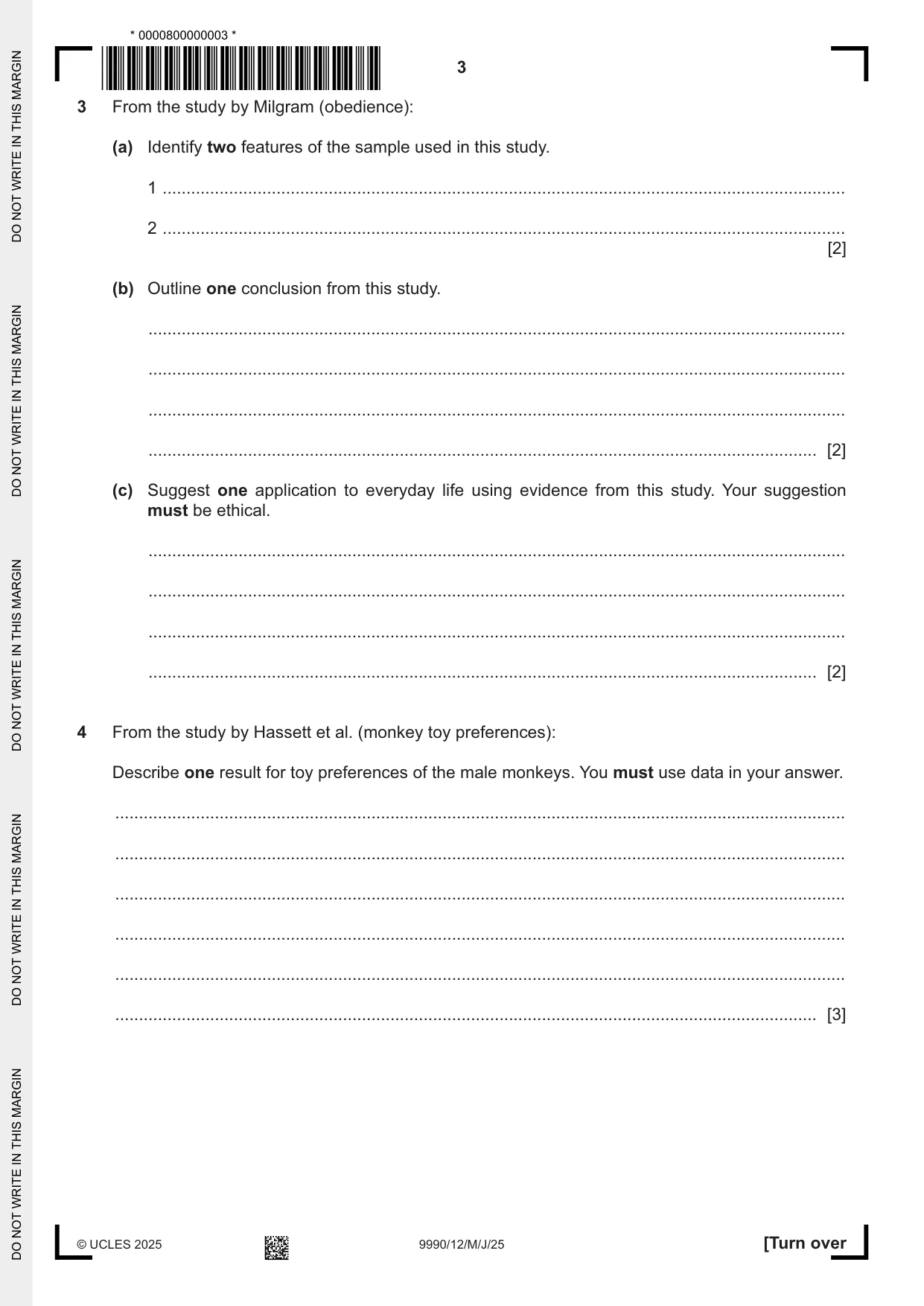 Cambridge A Level Psychology (from 2018) 9990 2025 May/June Paper 1 · Variant 2 question paper, page 3 of 12