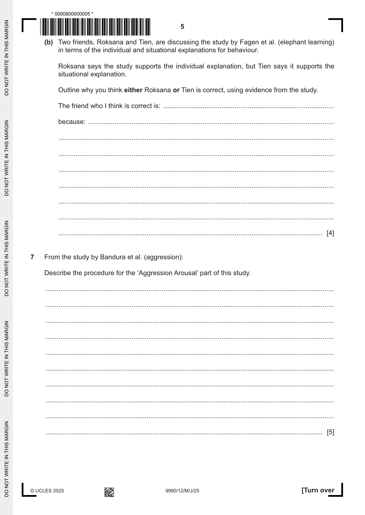 Cambridge A Level Psychology (from 2018) 9990 2025 May/June Paper 1 · Variant 2 question paper, page 5 of 12