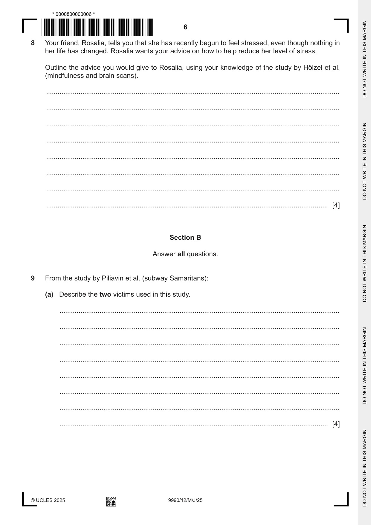 Cambridge A Level Psychology (from 2018) 9990 2025 May/June Paper 1 · Variant 2 question paper, page 6 of 12