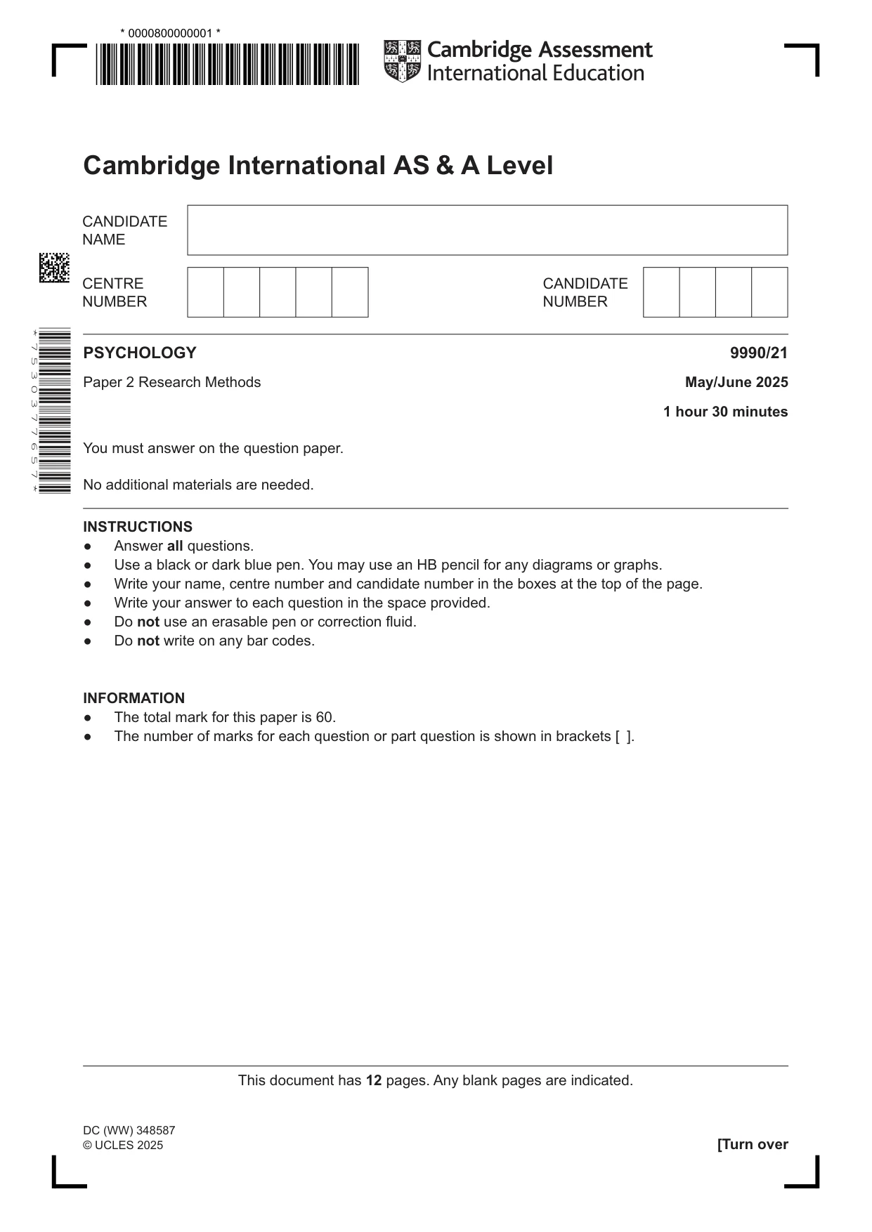 Cambridge A Level Psychology (from 2018) 9990 2025 May/June Paper 2 · Variant 1 question paper, page 1 of 12