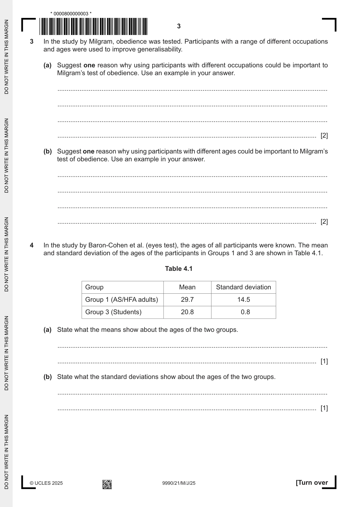 Cambridge A Level Psychology (from 2018) 9990 2025 May/June Paper 2 · Variant 1 question paper, page 3 of 12