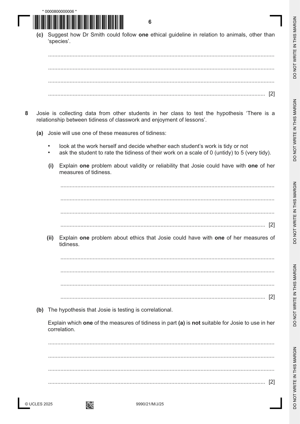 Cambridge A Level Psychology (from 2018) 9990 2025 May/June Paper 2 · Variant 1 question paper, page 6 of 12