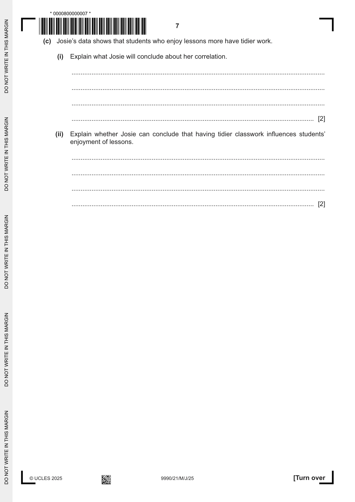 Cambridge A Level Psychology (from 2018) 9990 2025 May/June Paper 2 · Variant 1 question paper, page 7 of 12