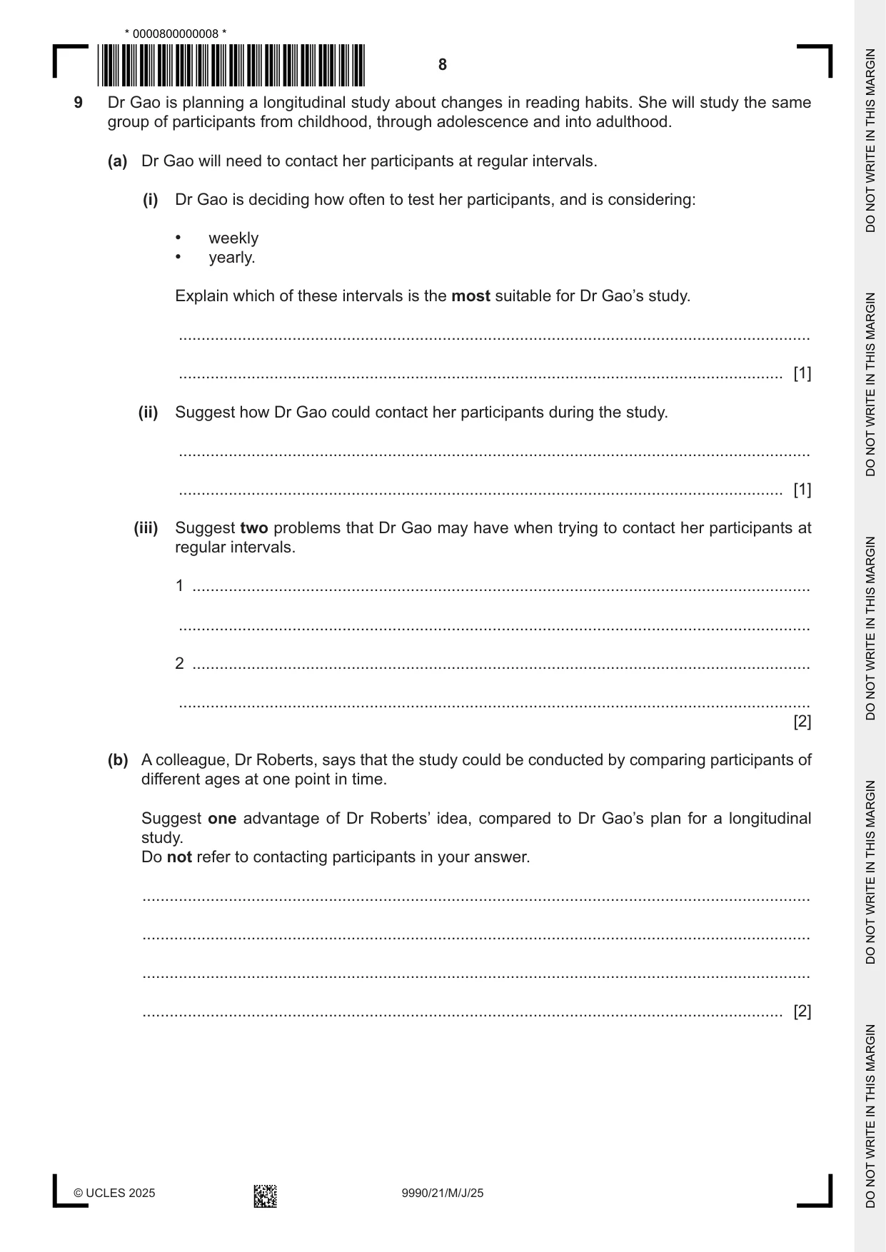Cambridge A Level Psychology (from 2018) 9990 2025 May/June Paper 2 · Variant 1 question paper, page 8 of 12