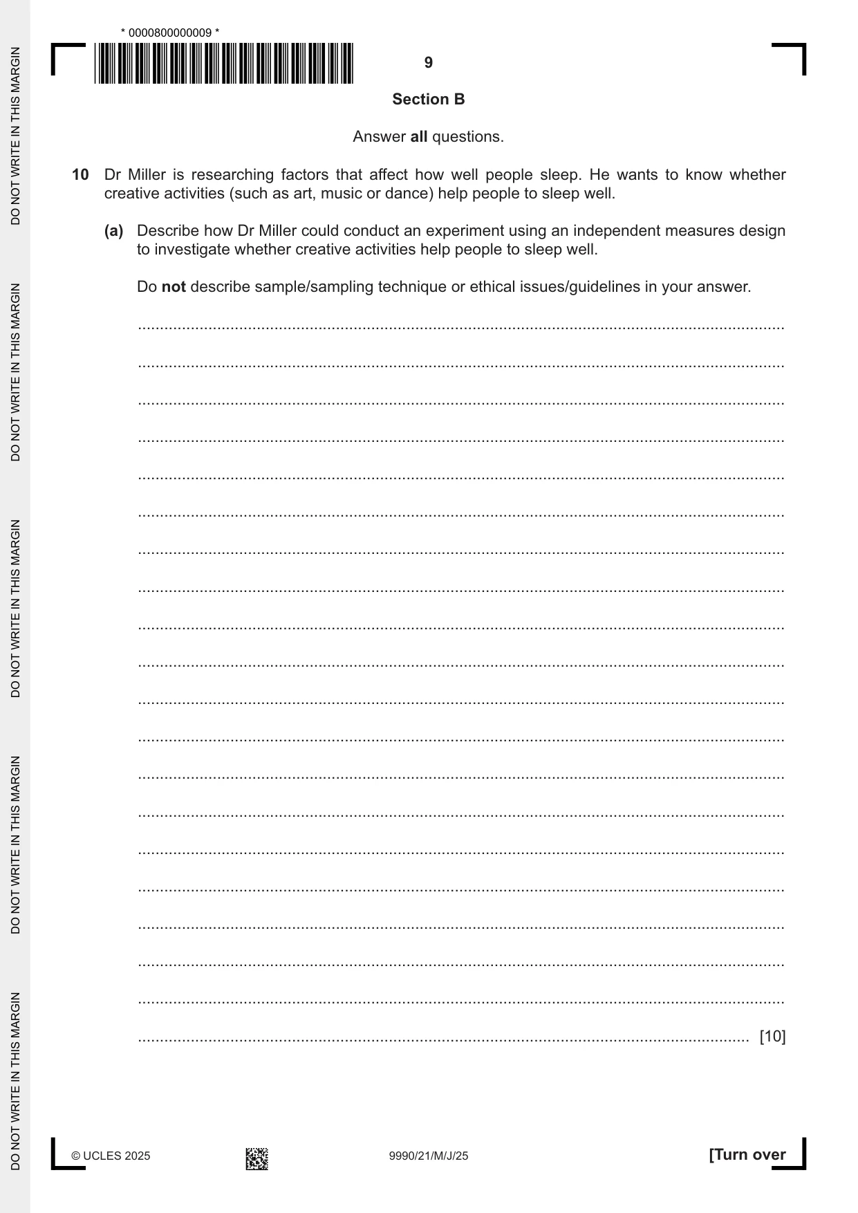 Cambridge A Level Psychology (from 2018) 9990 2025 May/June Paper 2 · Variant 1 question paper, page 9 of 12