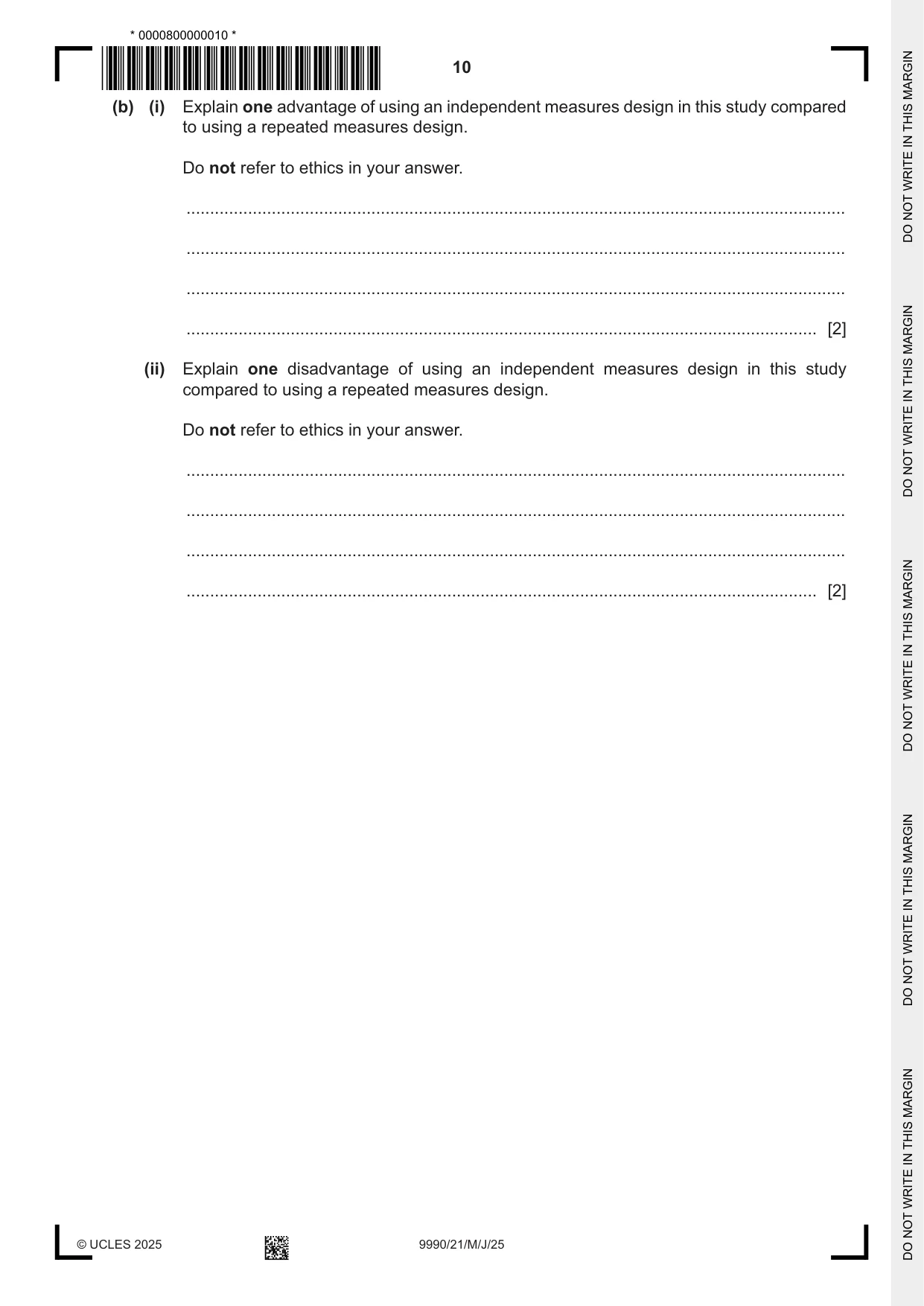 Cambridge A Level Psychology (from 2018) 9990 2025 May/June Paper 2 · Variant 1 question paper, page 10 of 12