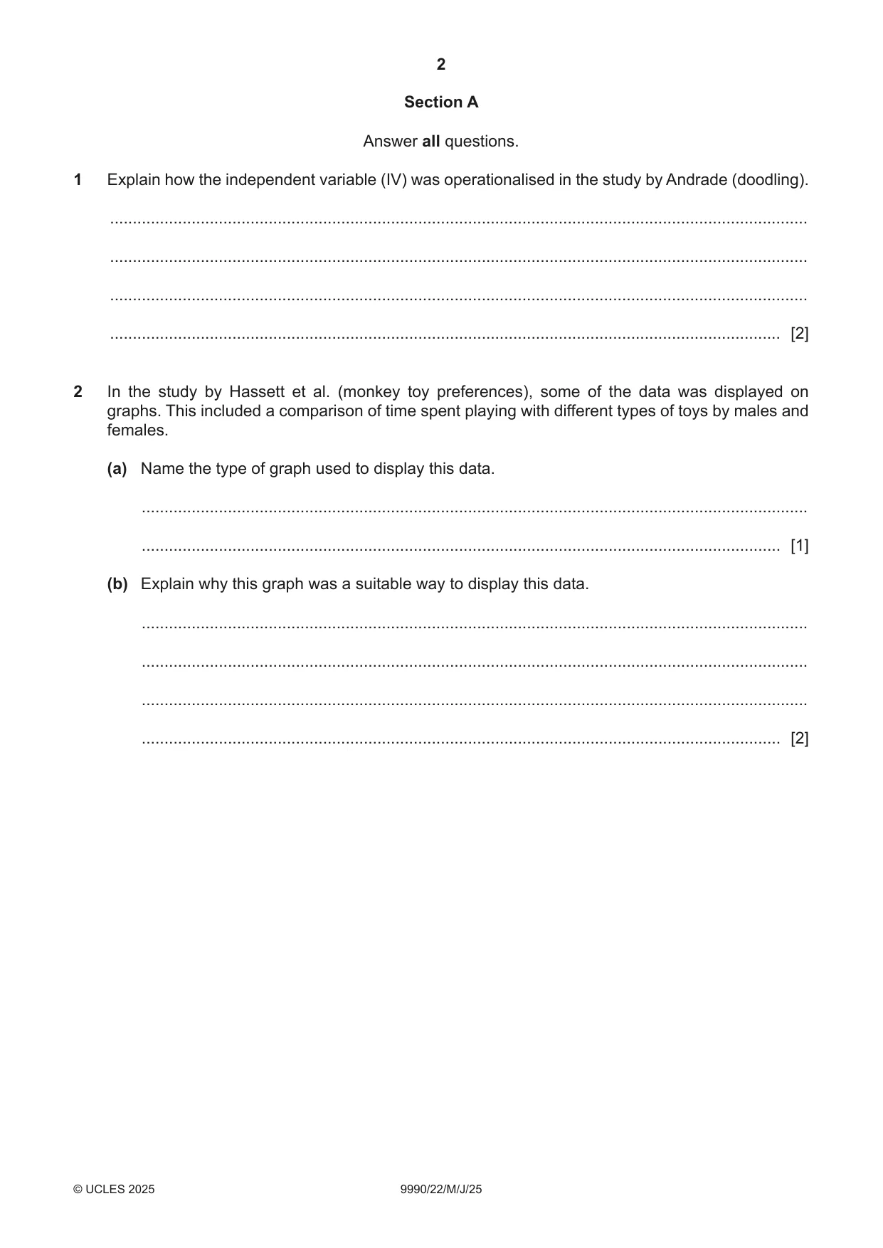 Cambridge A Level Psychology (from 2018) 9990 2025 May/June Paper 2 · Variant 2 question paper, page 2 of 12