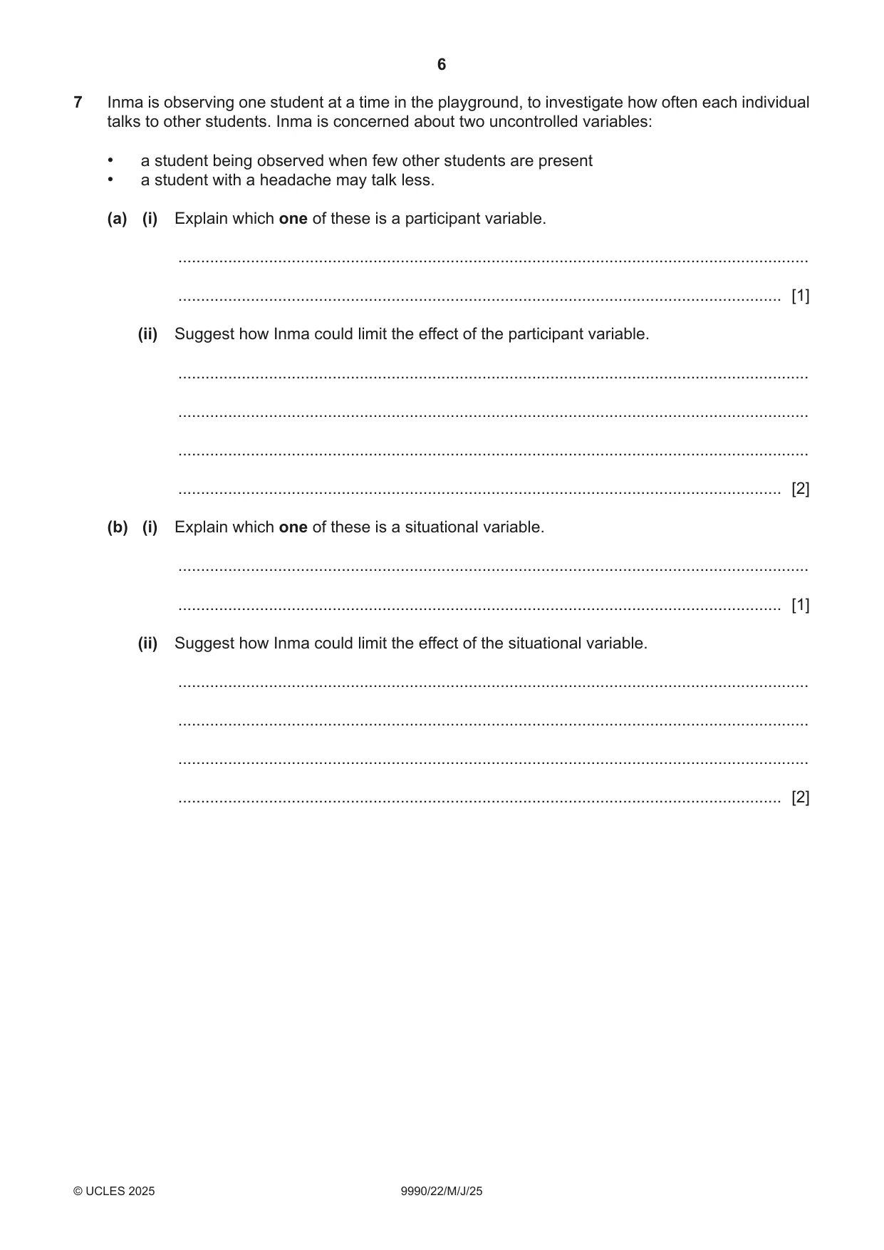 Cambridge A Level Psychology (from 2018) 9990 2025 May/June Paper 2 · Variant 2 question paper, page 6 of 12