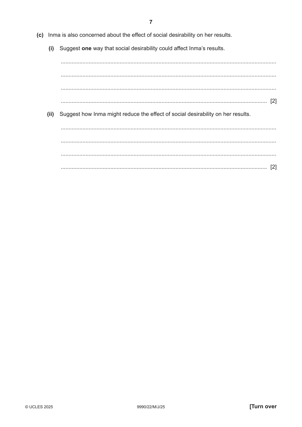 Cambridge A Level Psychology (from 2018) 9990 2025 May/June Paper 2 · Variant 2 question paper, page 7 of 12